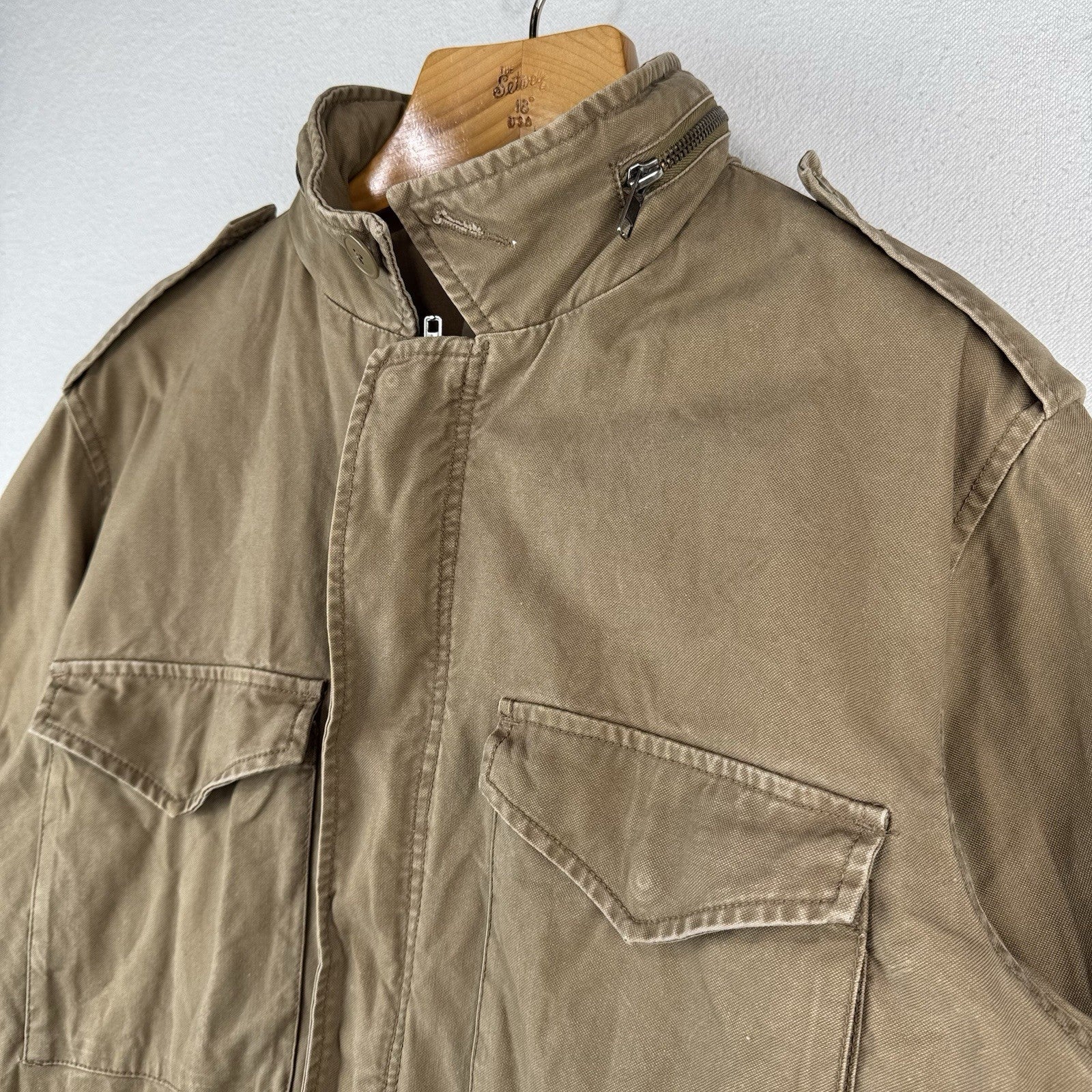 American Eagle M-65 Style Field Jacket Mens L Khaki Military Stowaway Hood *Read