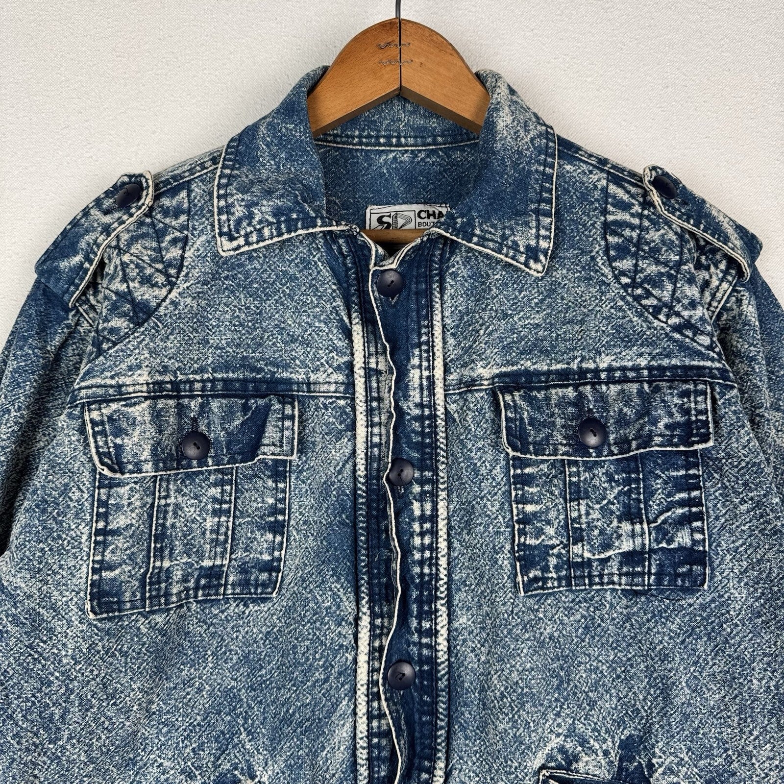 Vintage 80’s Chai Denim Jacket Unisex Medium Acid Wash Quilted Shoulders Straps