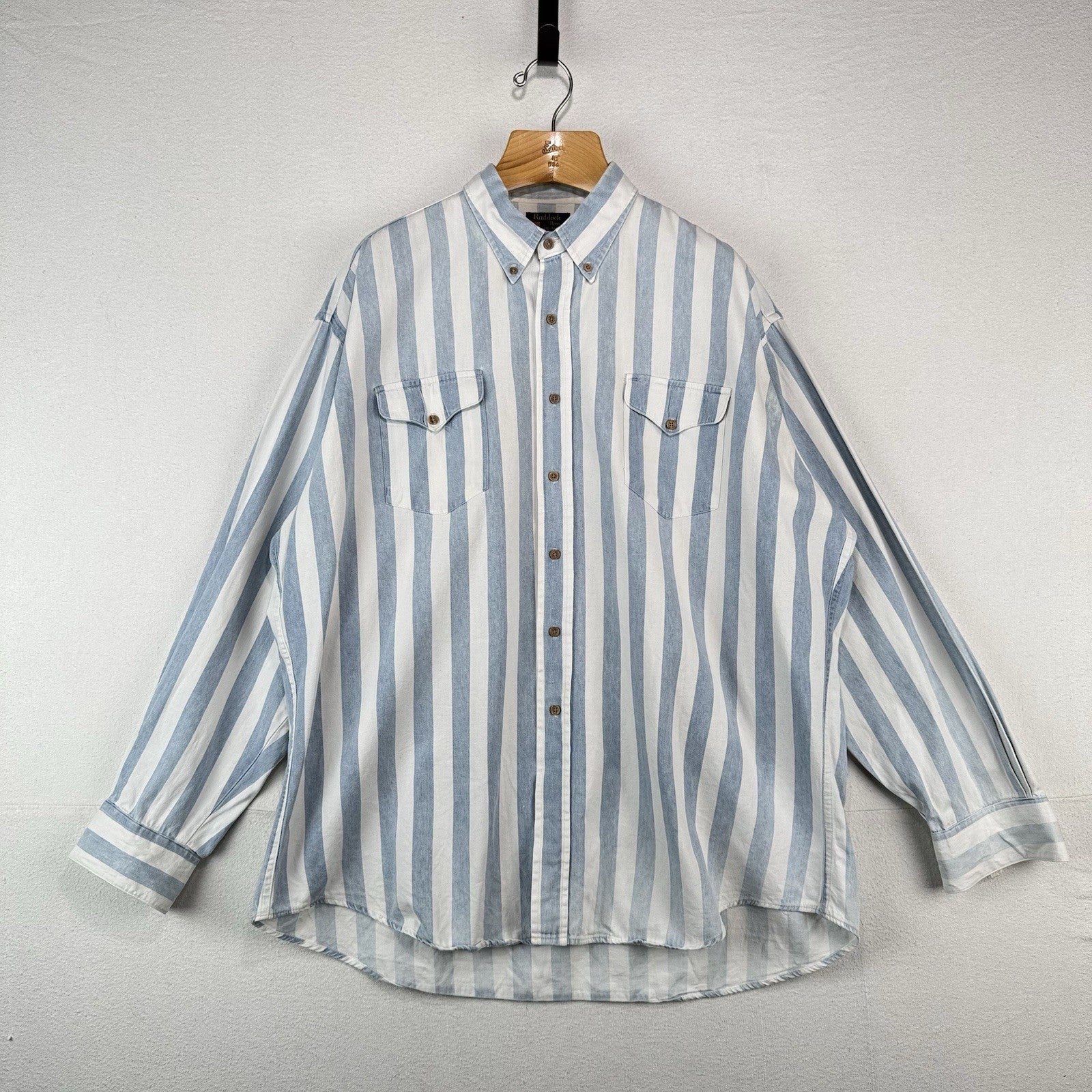 Vtg Ruddock Bros Western Denim Shirt Blue White Stripe Mens 2XL Made USA *Faded