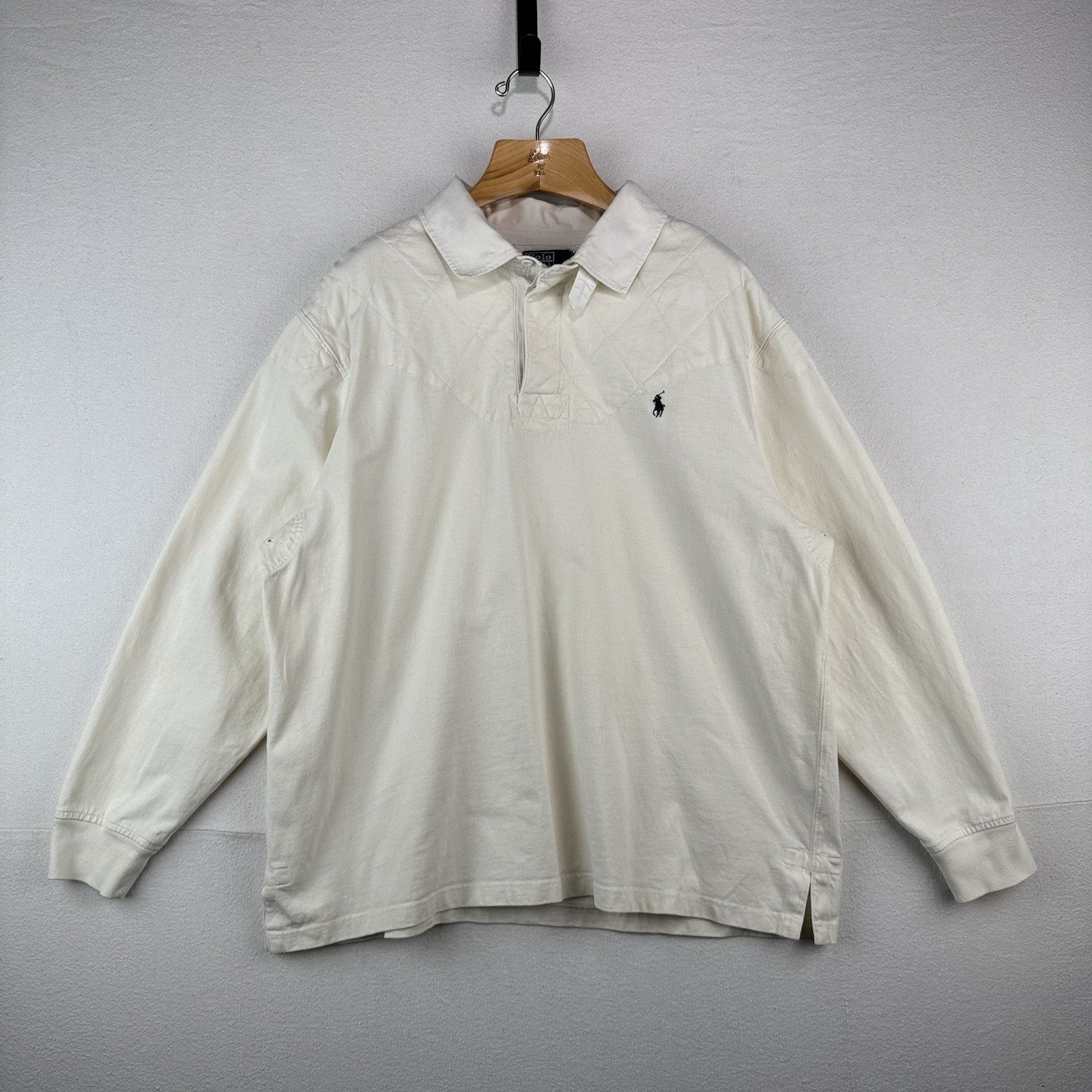 90s Vtg Polo Ralph Lauren Rugby Shirt 2XB Padded Shoulders/Elbows White *Read