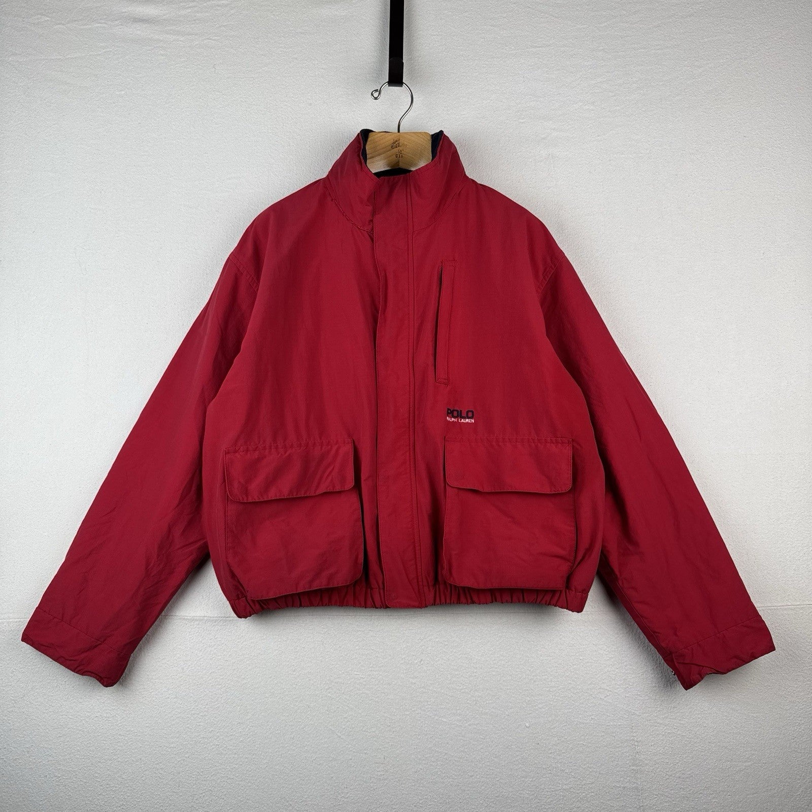 90’s Vtg Polo Ralph Lauren Jacket Men’s L Red A-2 Bomber Fleece Stowaway Hood