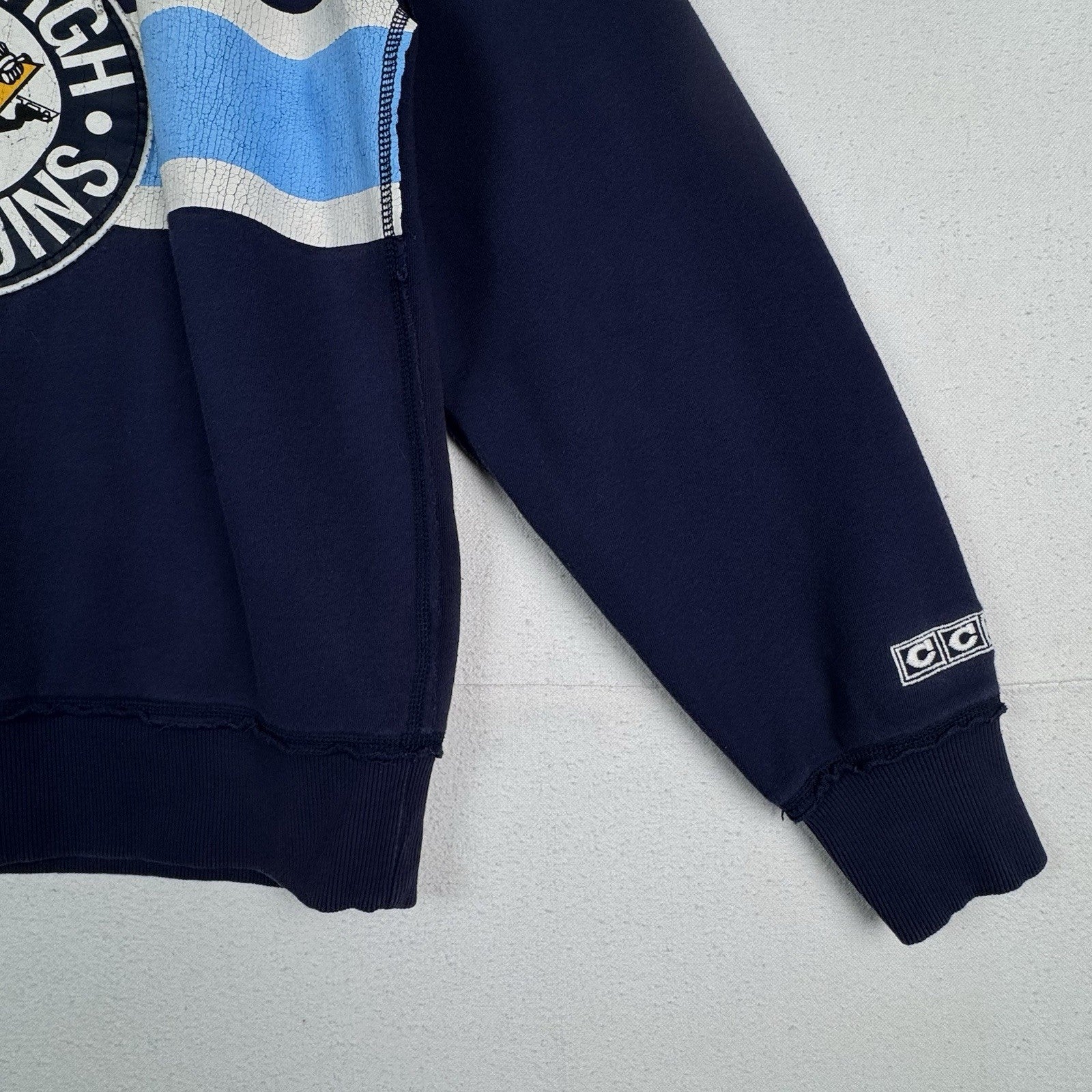 CCM Pittsburgh Penguins Mens Large Laceup Blue Sweatshirt Jersey NHL Distresssed