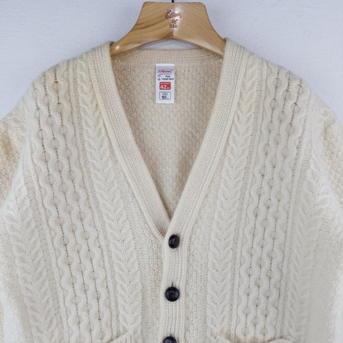 70’s Vtg St Michael Aran Chunky Knit Cardigan Fisherman Wool Cream L *Distressed