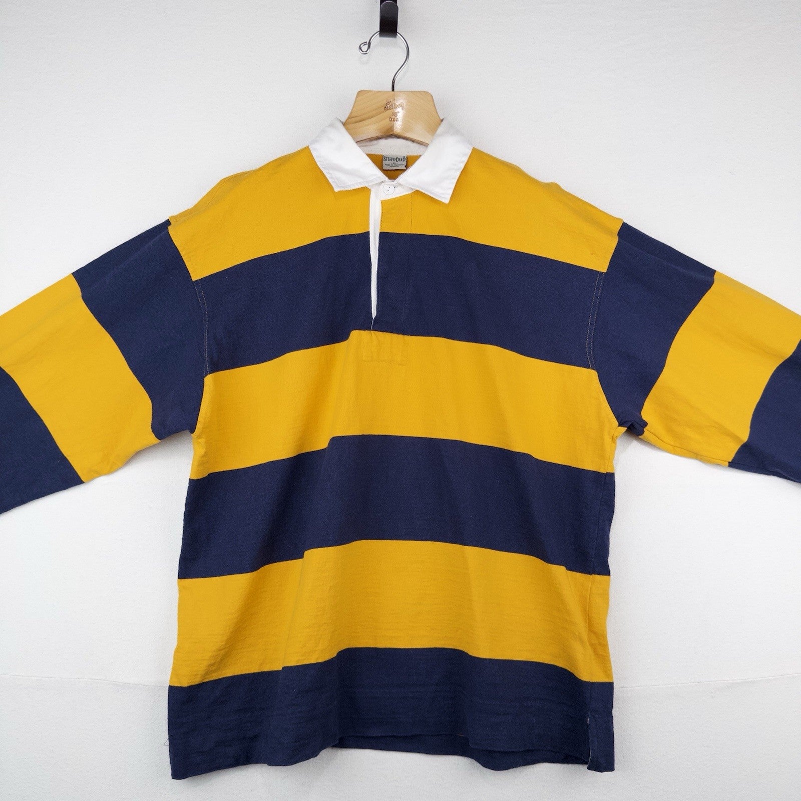 80’s Vtg Steeplechase Men’s XL Yellow Blue Striped Long Sleeve Polo Rugby