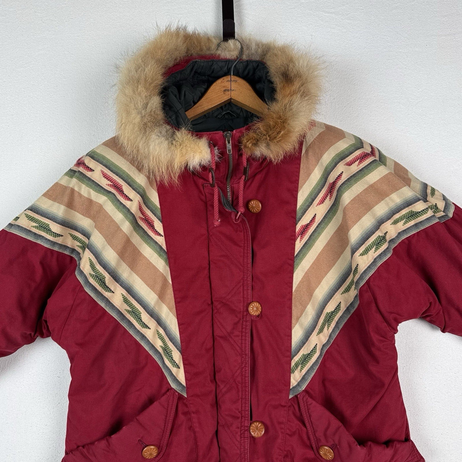 Vintage 80s Mulberry Street Aztec Parka Fox Tail Fur Hood Zip Jacket Women’s M