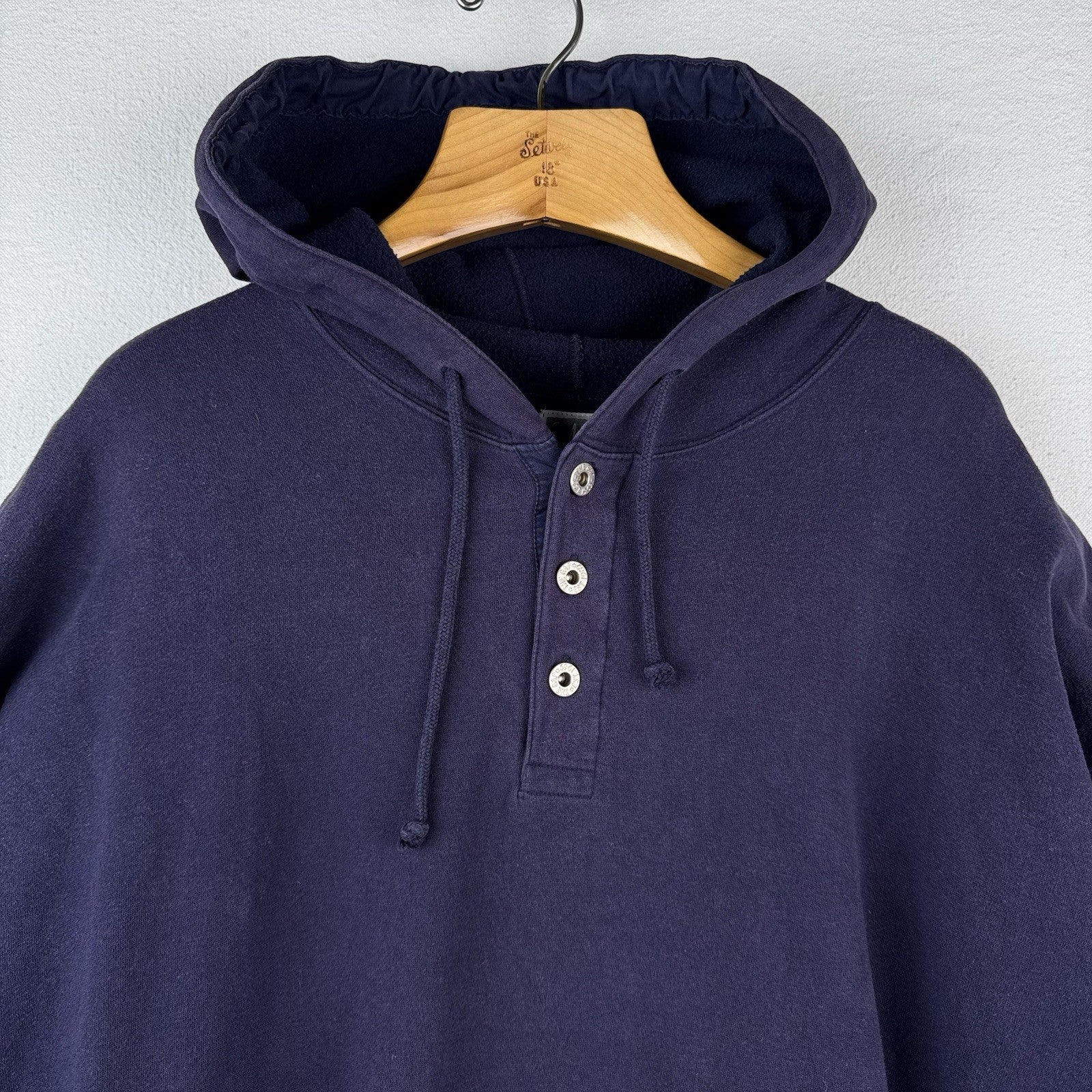 90’s Vtg GAP Athletic Hoodie Men Large Blue Button Drawstring Faded Distressed