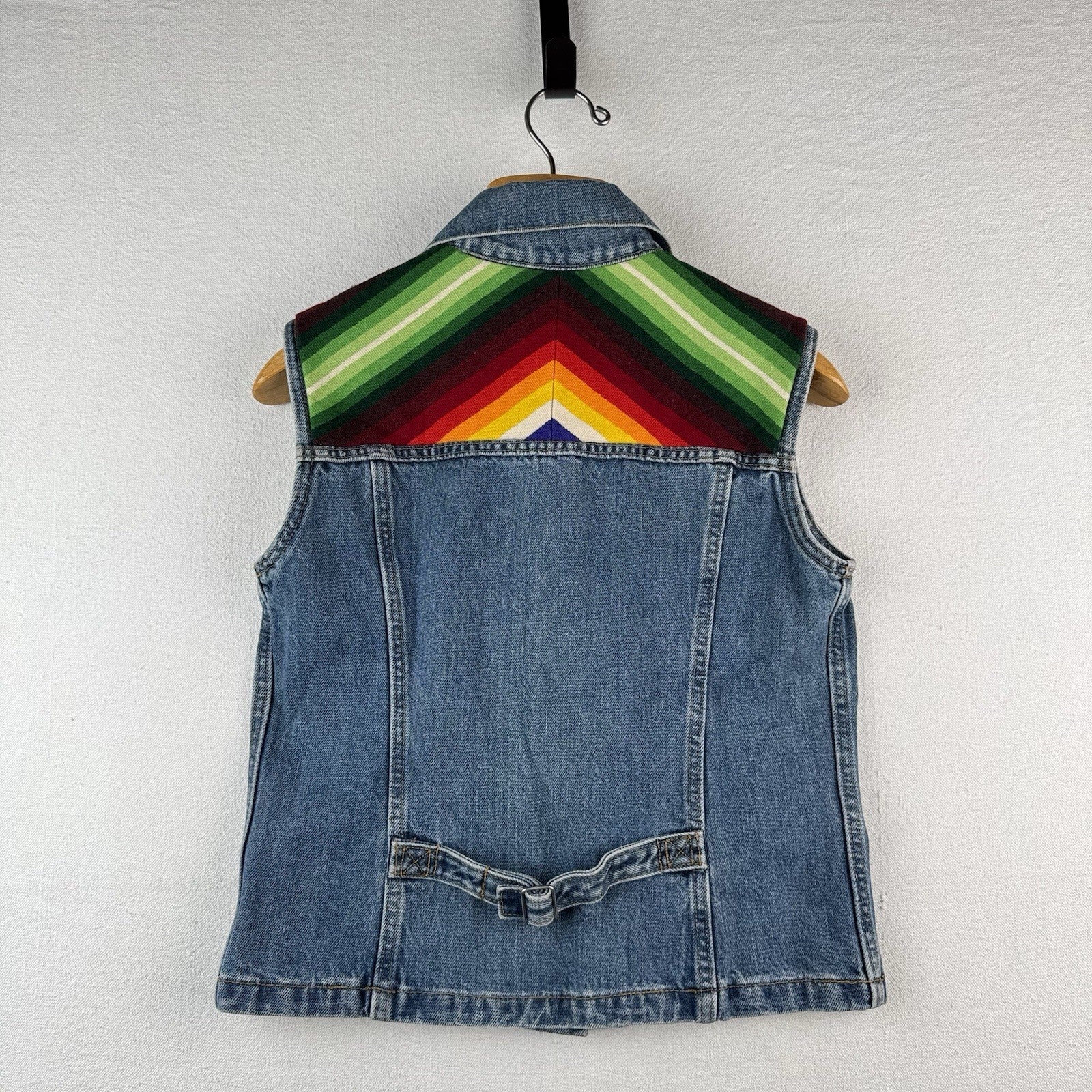 Vintage Levi's Denim Serape Blanket Medium Buckle Back Vest Red Tab Made USA