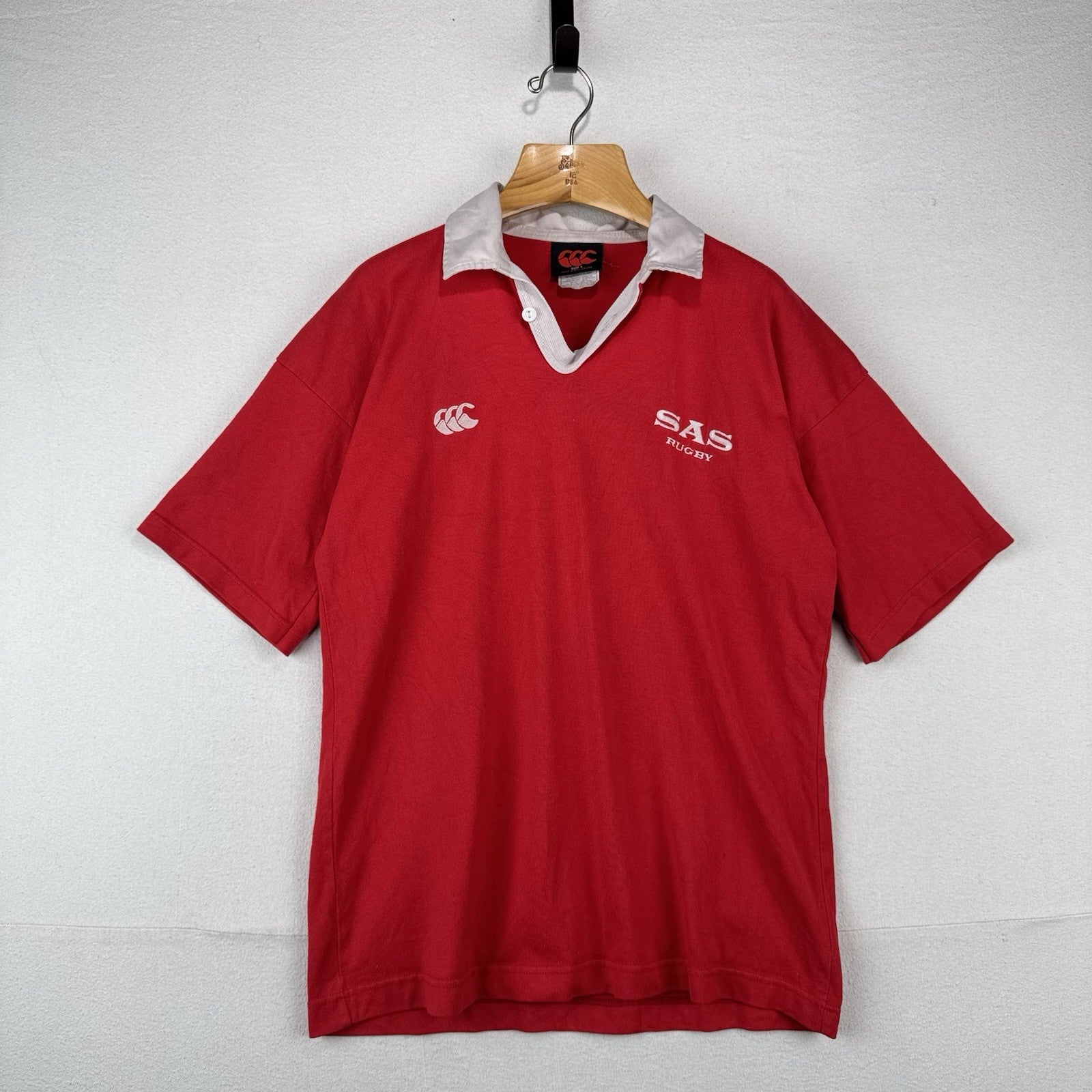 80’s Vtg Canterbury South Africa SAS Rugby Polo Shirt Red White Collar #25 Men L