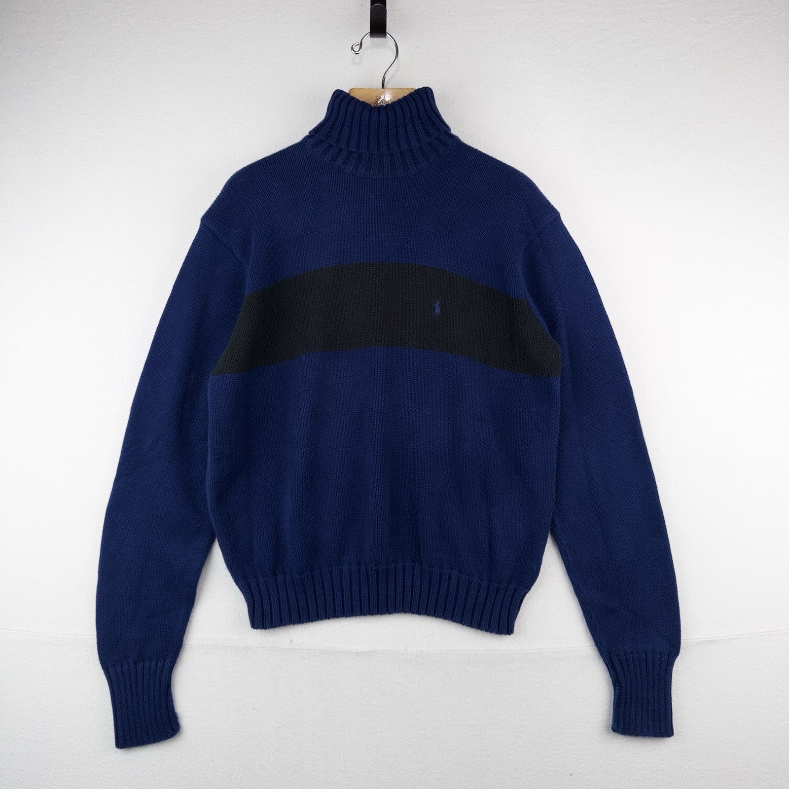 90’s Vtg Polo Ralph Lauren Turtleneck Cotton Sweater Men M Blue Black Stripe