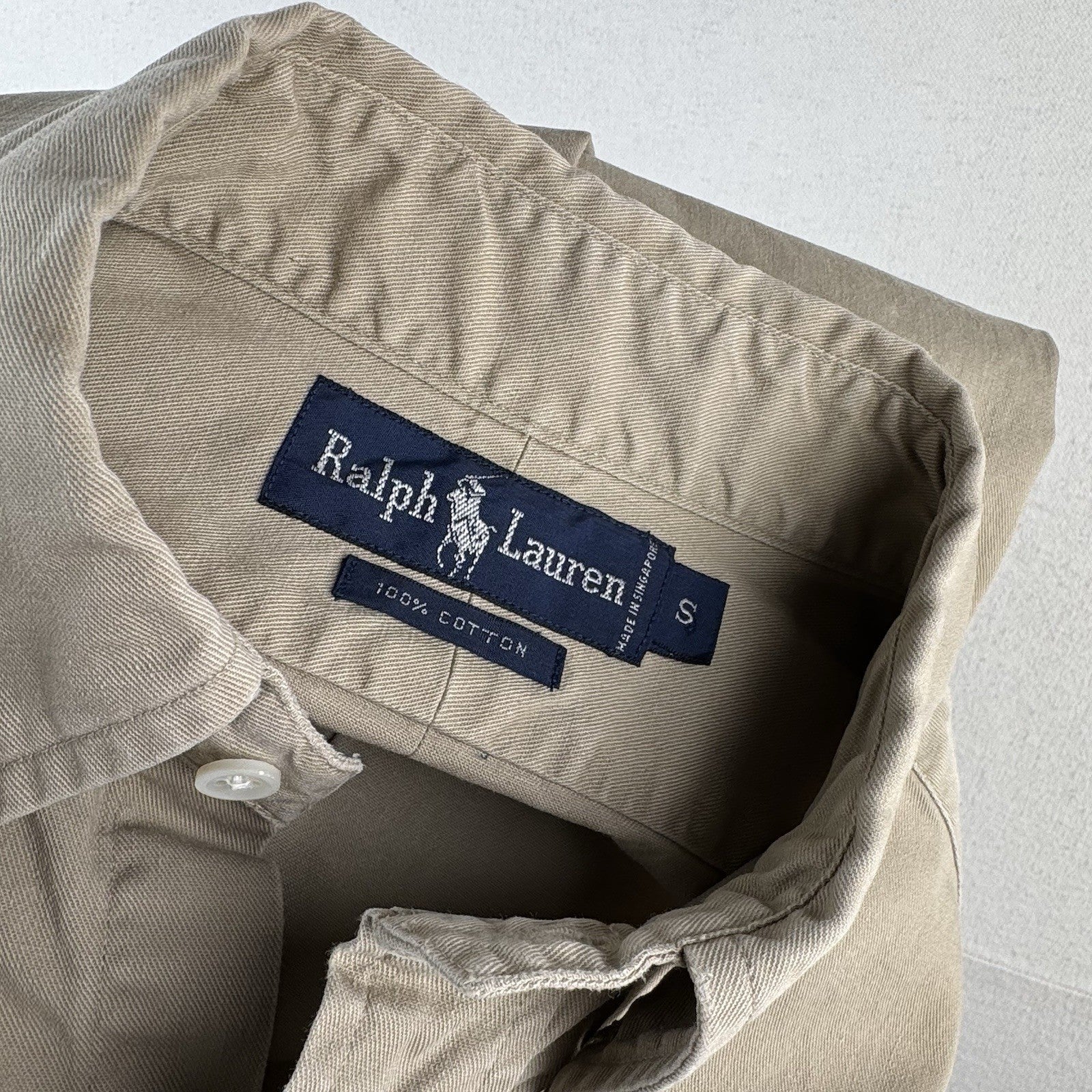 Vintage Polo Ralph Lauren Button Down Shirt Men's Small Large Khaki 100% Cotton