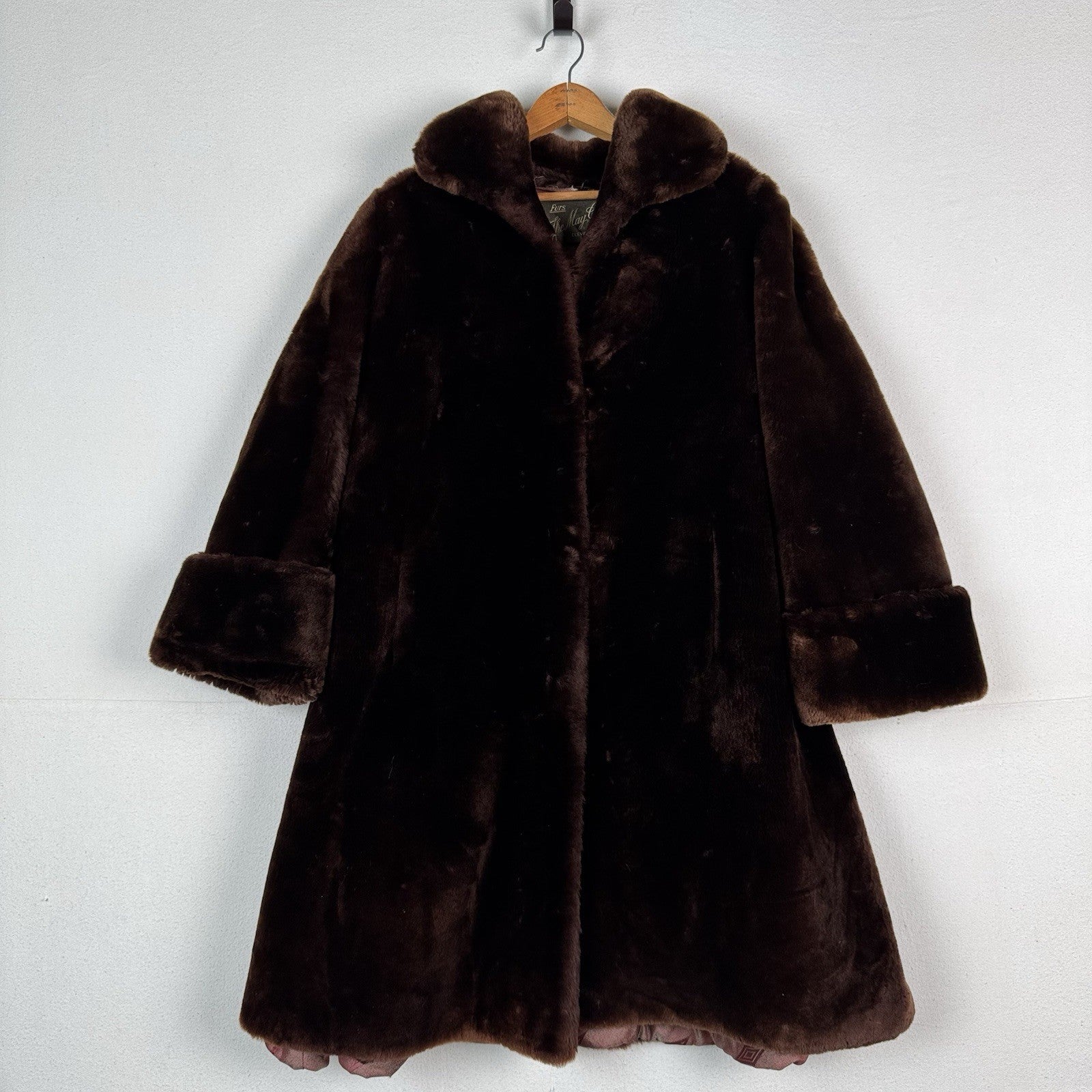 Vintage 50’s 60’s May Company Brown Mouton Lamb Fur 40" Swing Coat Size 10 *Read