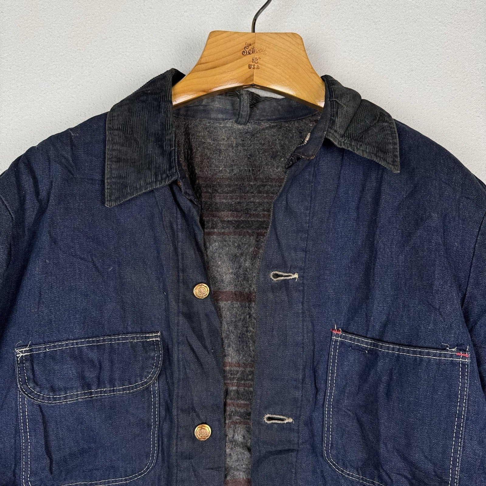 Vtg 1960s Wool Blanket Lined Denim Prison Chore Jacket Yard Coat 48” *Unwashed