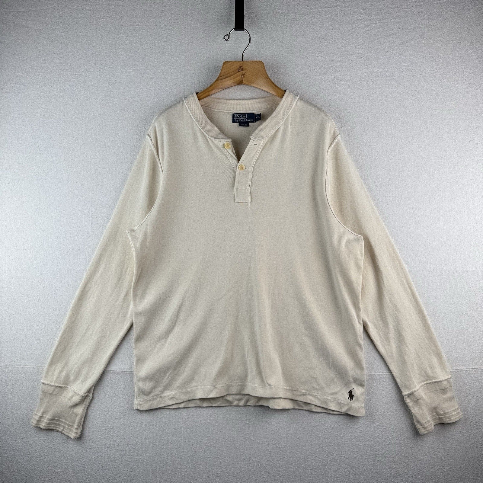 Vintage Polo Ralph Lauren Henley Shirt Mens 2XL Long Sleeve Cotton Beige