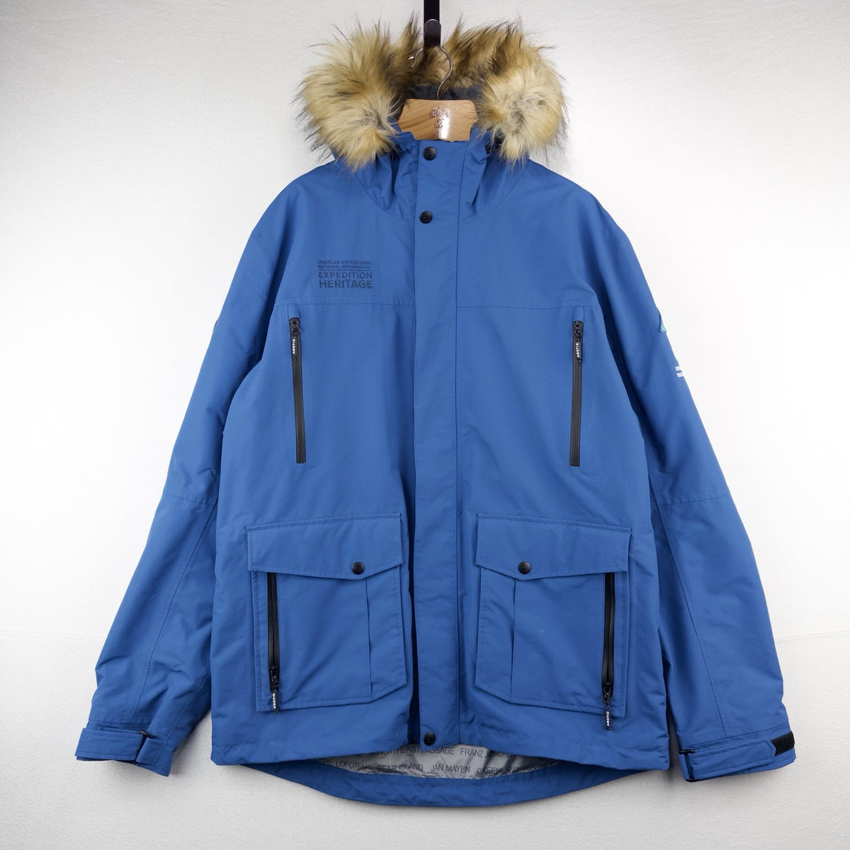 Lindblad Expeditions Men's XL Blue Parka Jacket Faux Fur Hood Waterproof Nat Geo