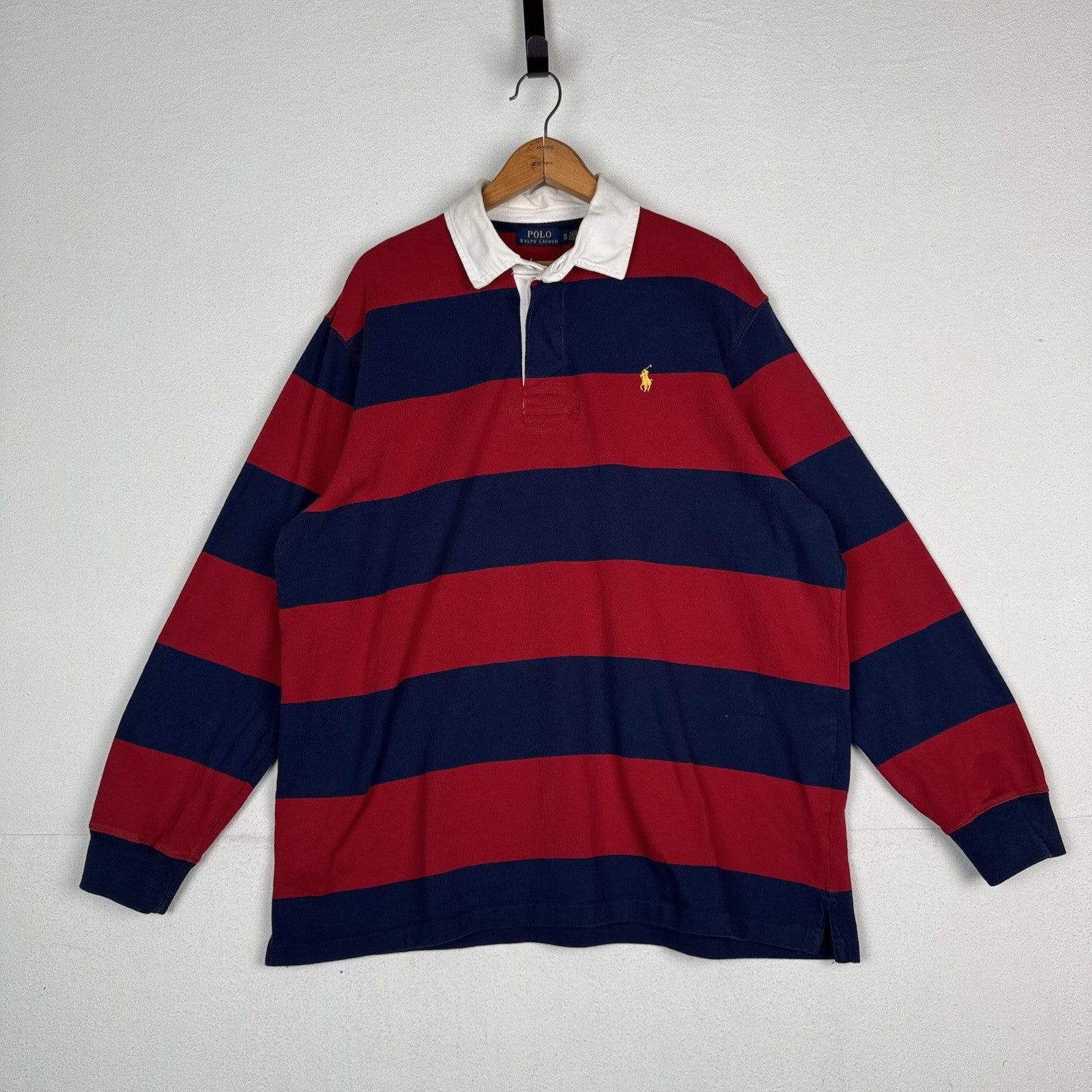 Polo Ralph Lauren Men's Navy/Dark Red Stripe Classic Fit Rugby Polo Shirt XL