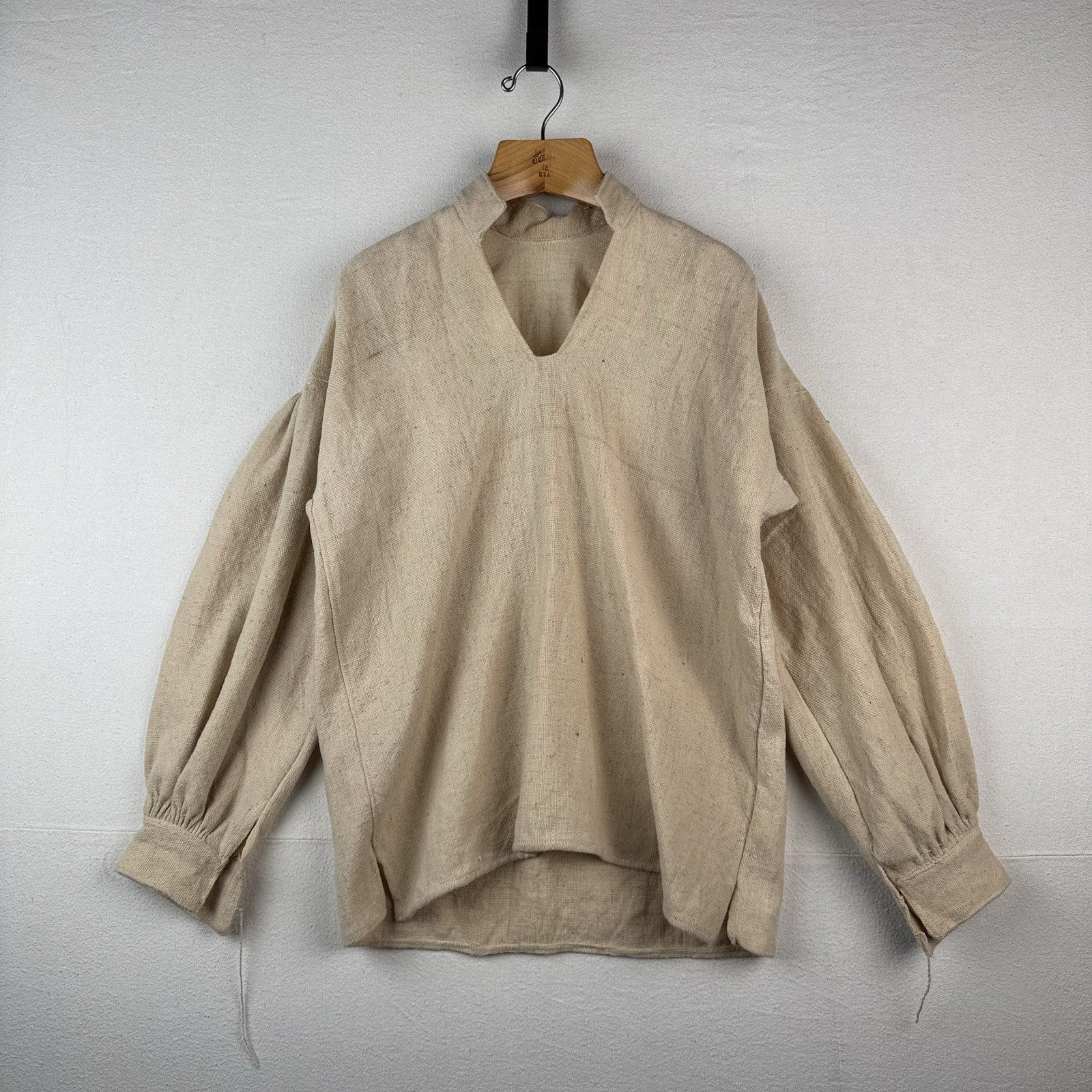 Handmade Linen V-neck Balloon Sleeve Tunic Beige Vintage Poet Shirt 42” Chest