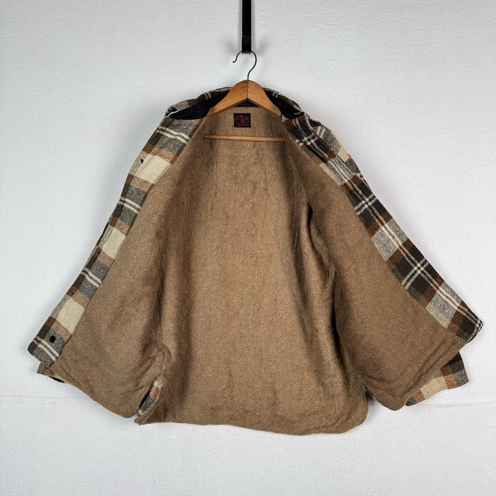 Vintage 70s CPO by Spiegel Mens Large Wool Blend Plaid Jacket Shacket Brown
