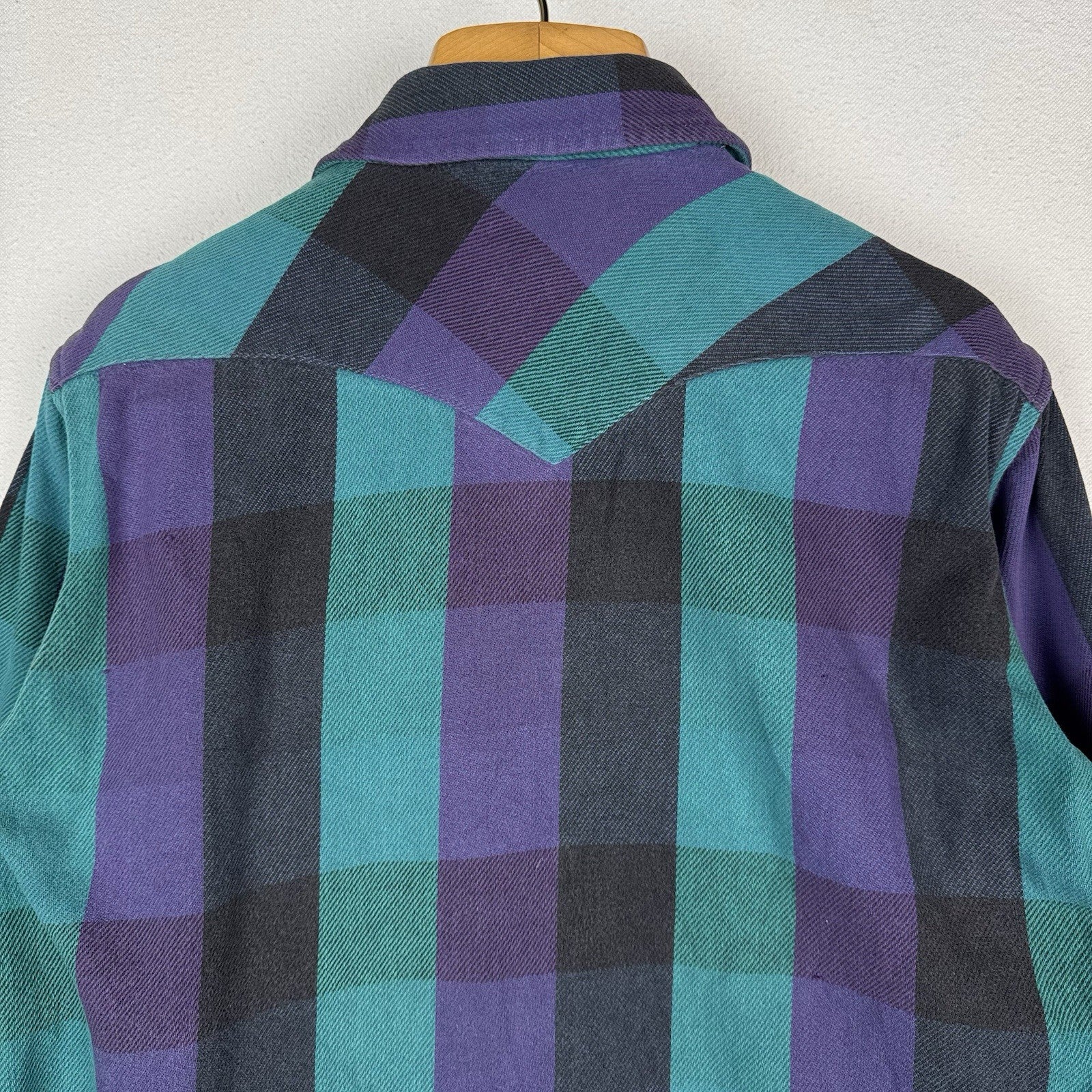 Vtg Wrangler Striped Mens L 16.5x33 Shirt Black Purple Teal Western X-Long Tails