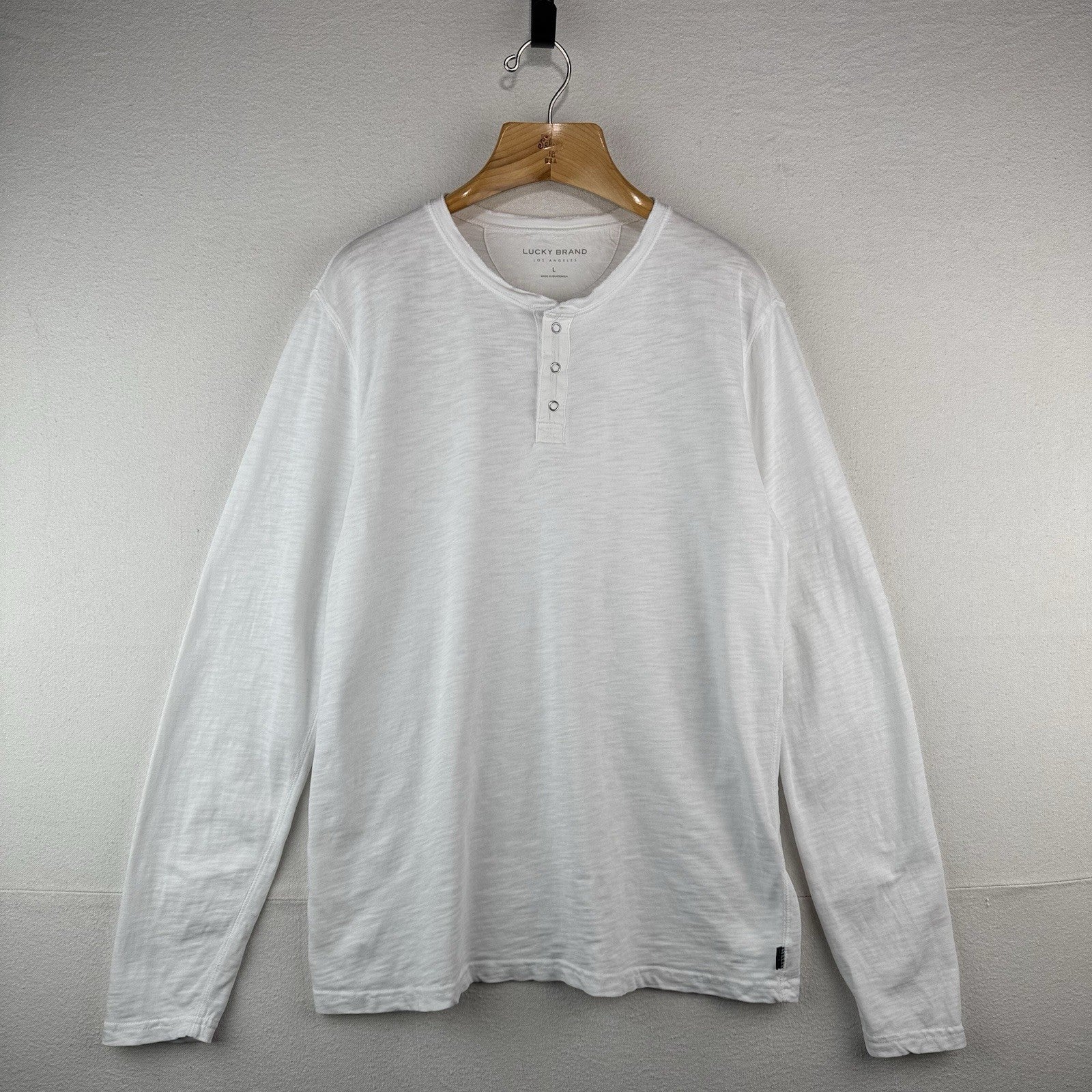 Lucky Brand Men’s Large Cotton Slub Henley Snap Button White Long Sleeve Shirt