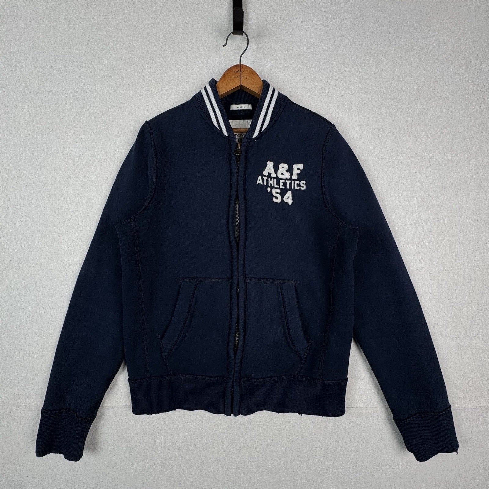 Vintage Abercrombie & Fitch Varsity Zip Up Jacket Mens Large Blue Muscle Fit ‘54