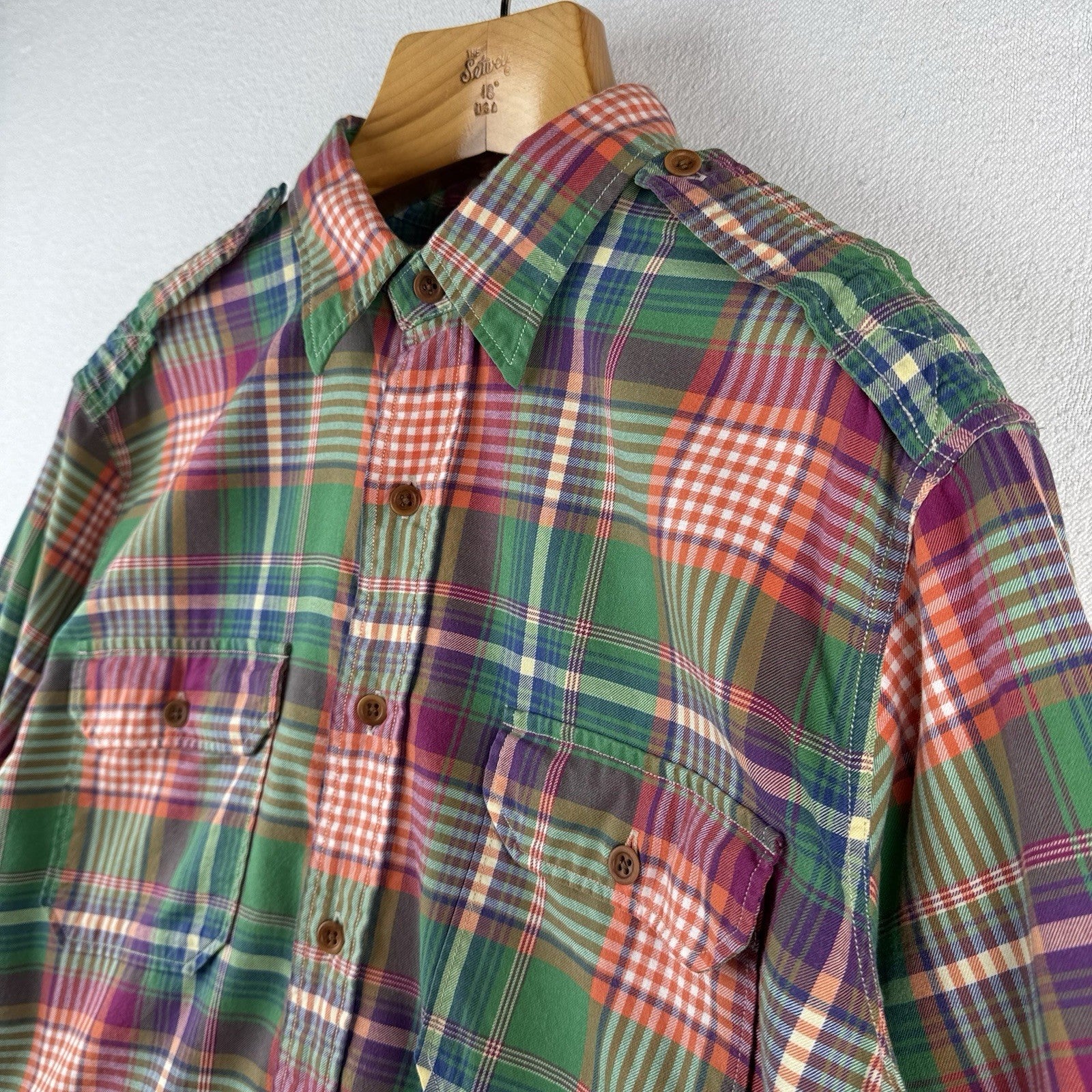 Vintage Polo Ralph Lauren Men’s XL Madras Button Down Shirt Green Orange Safari