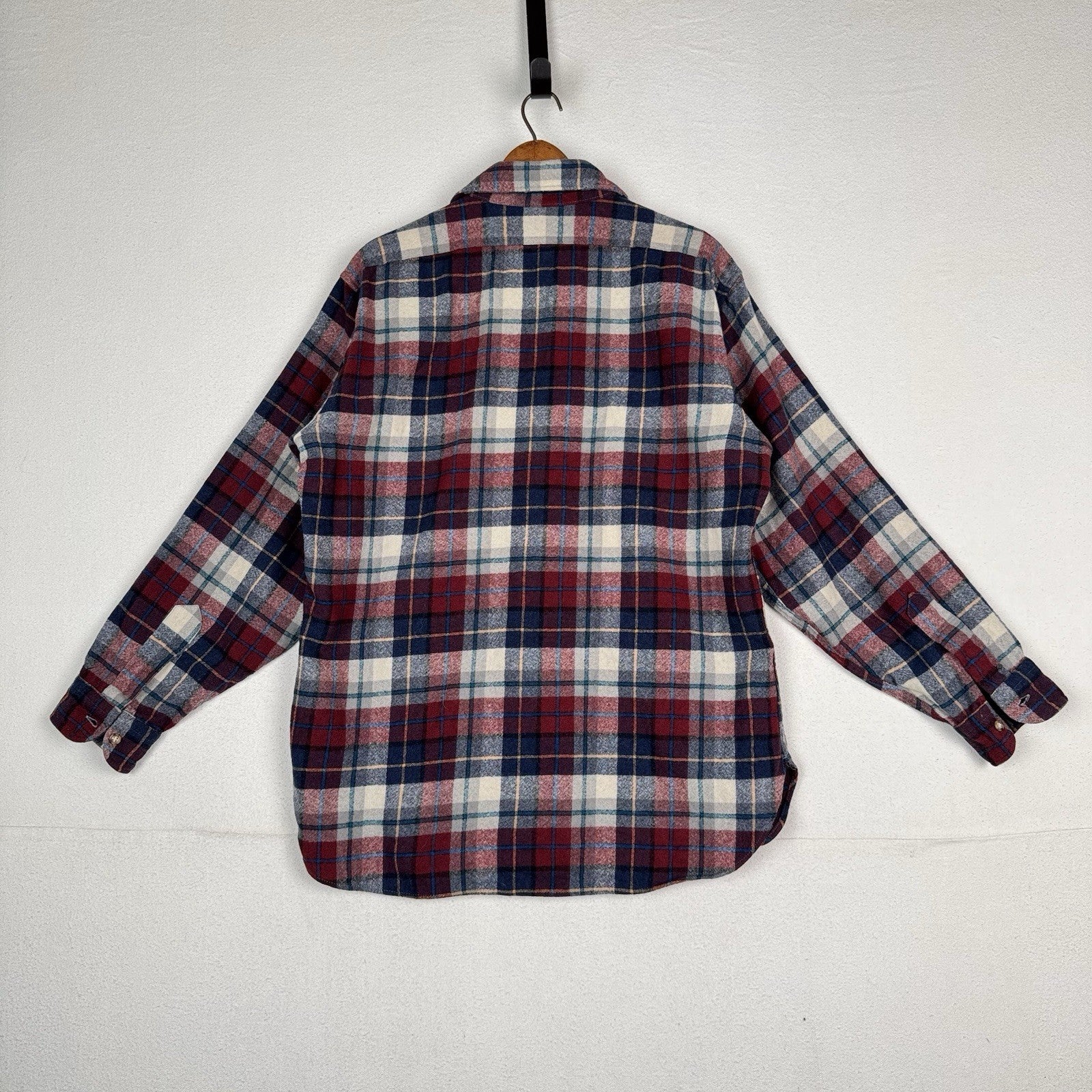Vintage Pendleton 100% Virgin Wool Board Shirt Red White Blue Plaid Men's Large