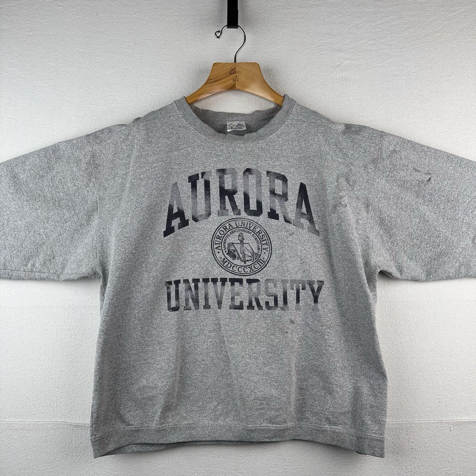 90’S Vtg Aurora University Crewneck Sweatshirt Men’s XL Gray Distressed Made USA