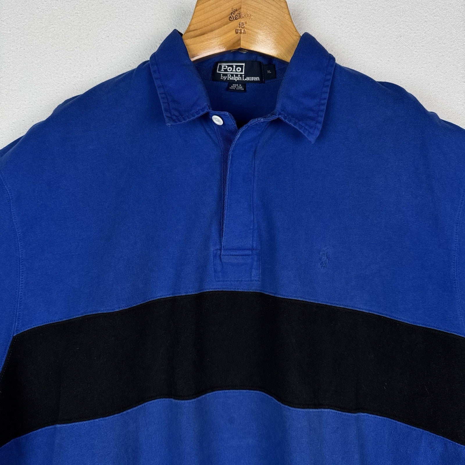 Vintage Polo Ralph Lauren Mens XL Short Sleeve Rugby Thick Soft Blue Stripe
