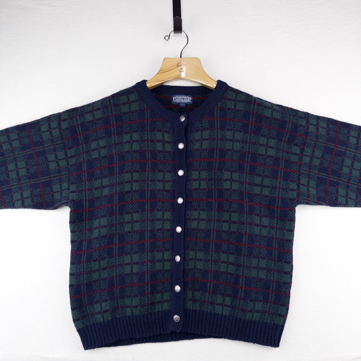 90’s Lands End Tartan Plaid Shetland Wool Cardigan Women’s Large Scotland