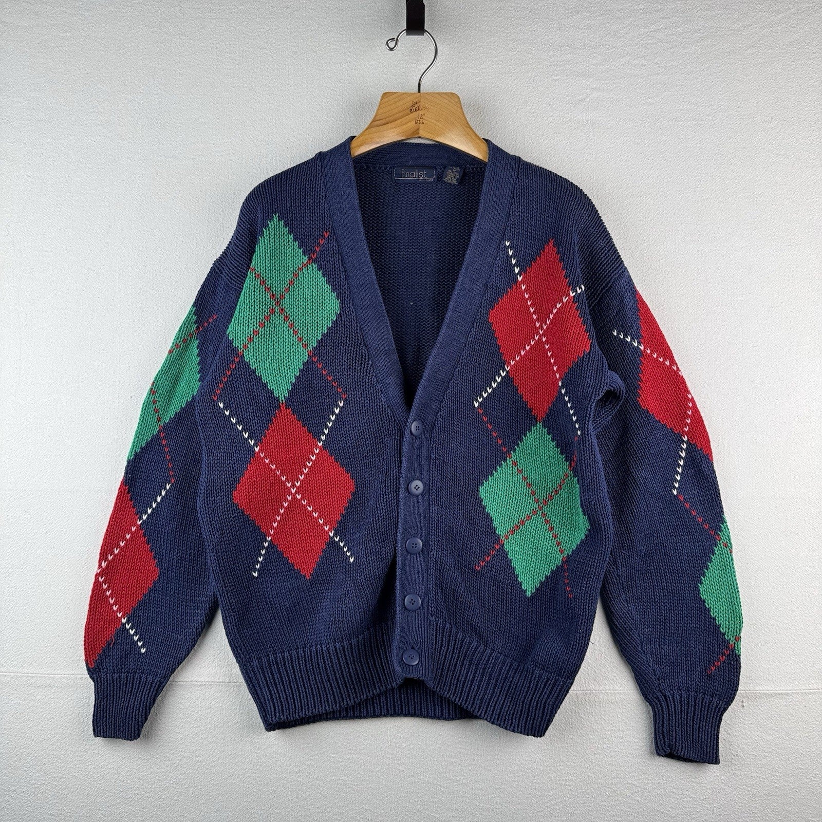 80’s Vintage Argyle Cardigan Sweater Blue Diamond Knit Unisex Medium