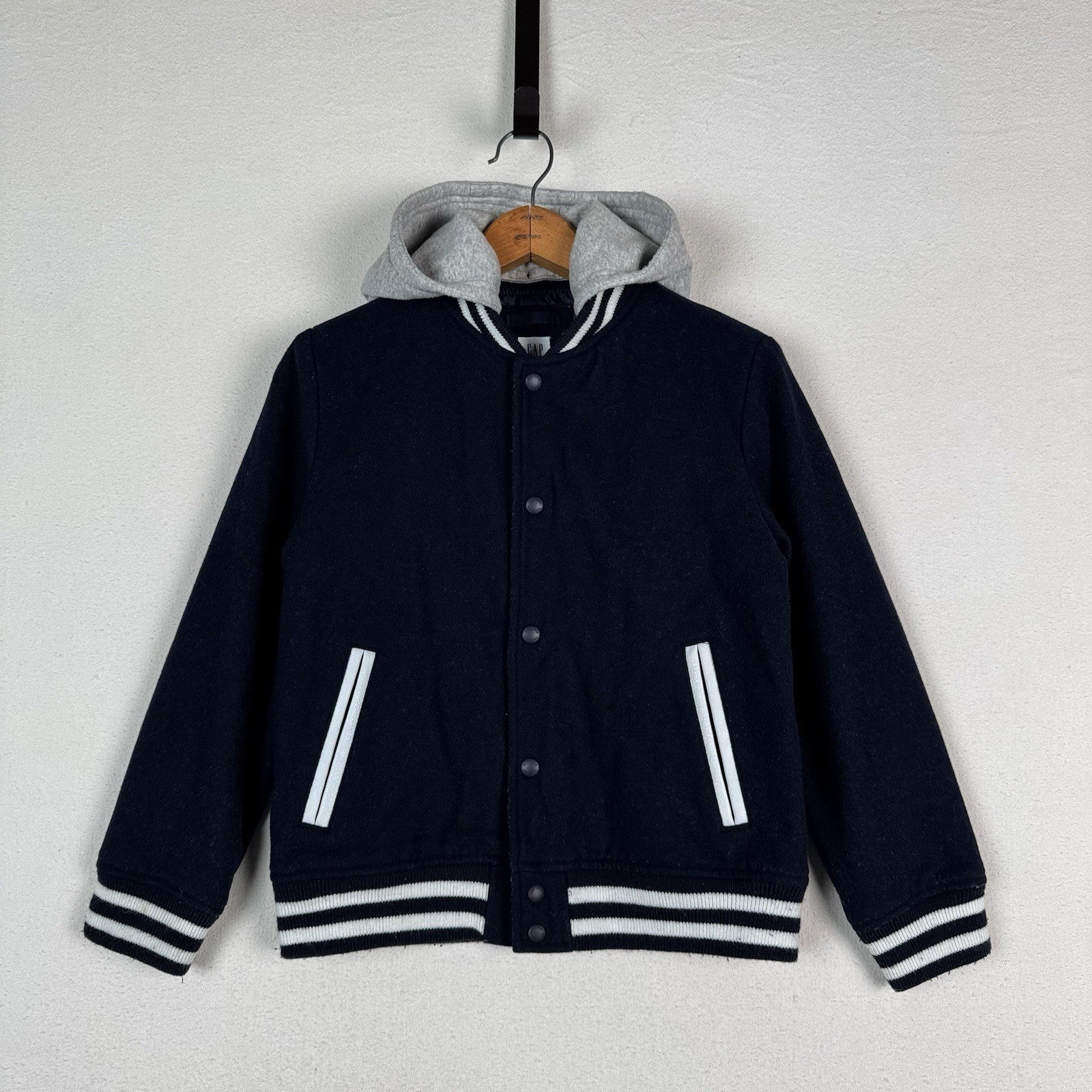 Gap Kids Wool Blend Varsity Baseball Jacket Navy Blue Removable Hood Size L 10