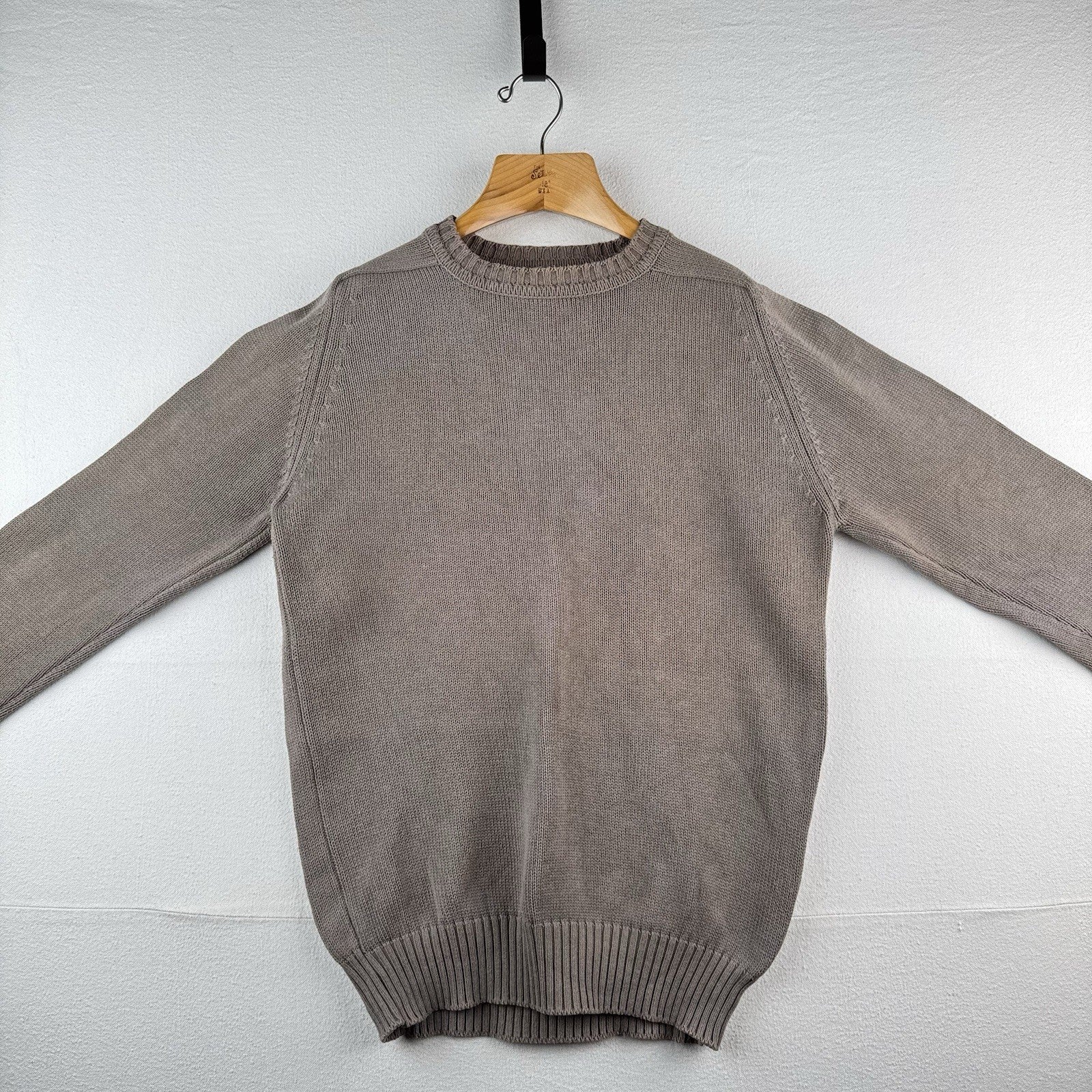 90’s Vtg Land's End Sweater Men L Tall Gray Tan Crew Chunky Knit Cotton Made USA