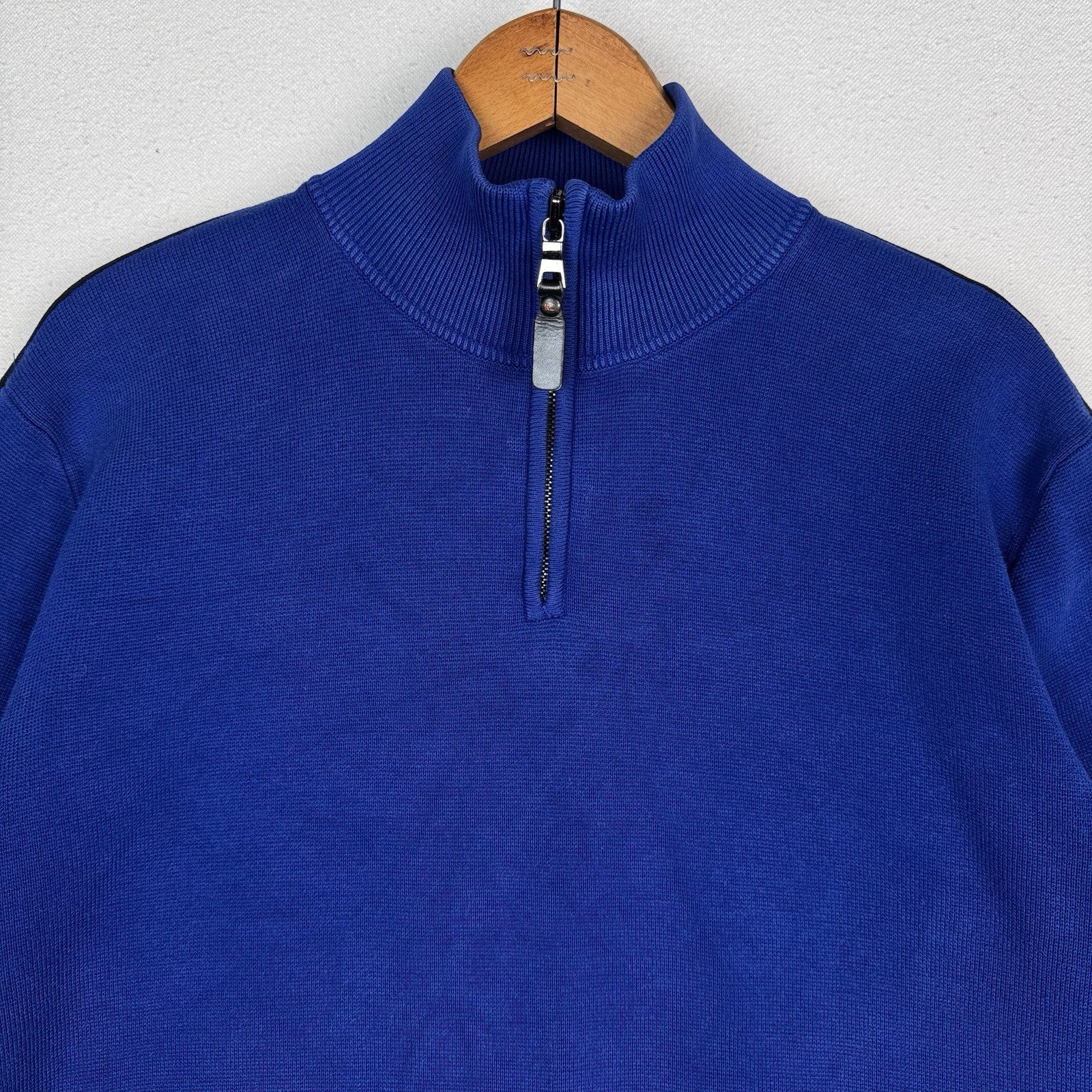 Vintage Polo Ralph Lauren Sweater Mens 2XL Royal Blue Black 1/4 Zip Knit Preppy