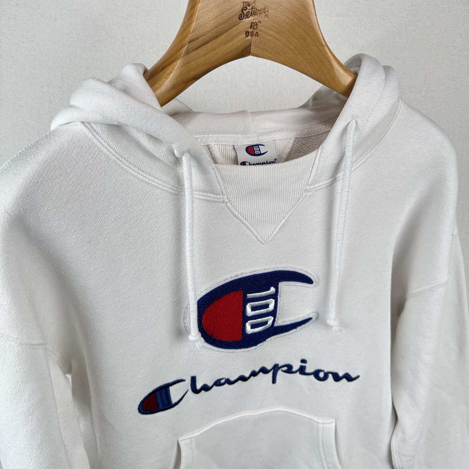 Champion White Century Collection C100 Chenille Logo Hoodie Men’s Small *Read
