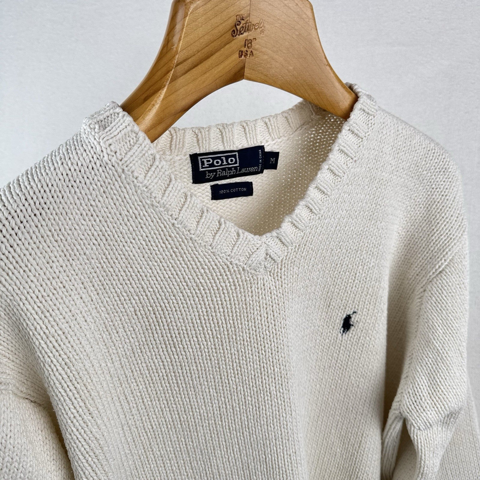90s Vtg Polo Ralph Lauren Sweater Men's M Cream 100% Cotton V-Neck Navy Pony