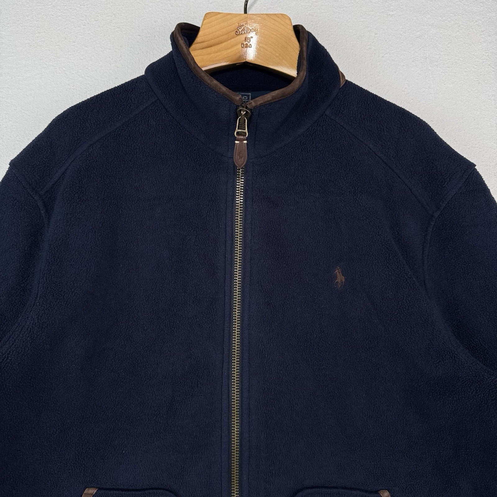 90s Vtg Polo Ralph Lauren XL Deep Pile Fleece Jackt Suede Trim Bomber Harrington