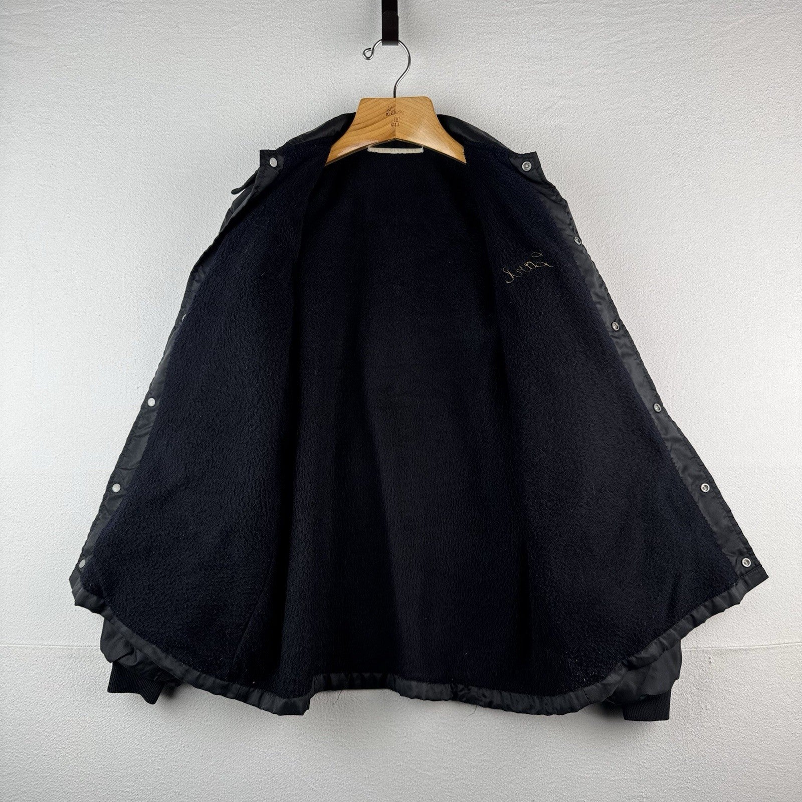 70's Vtg Parker Hannifin Fleece Lined Coach Jacket Chain Stitched "Carl" Black L