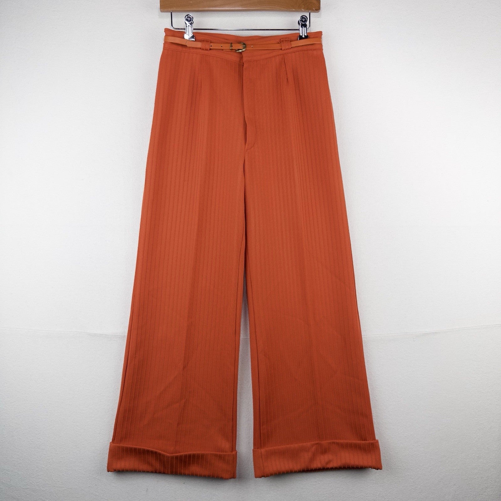 70’s Vtg High Waisted Belted Wide Leg Pant Pinstripe Texture Small 27x27 Orange