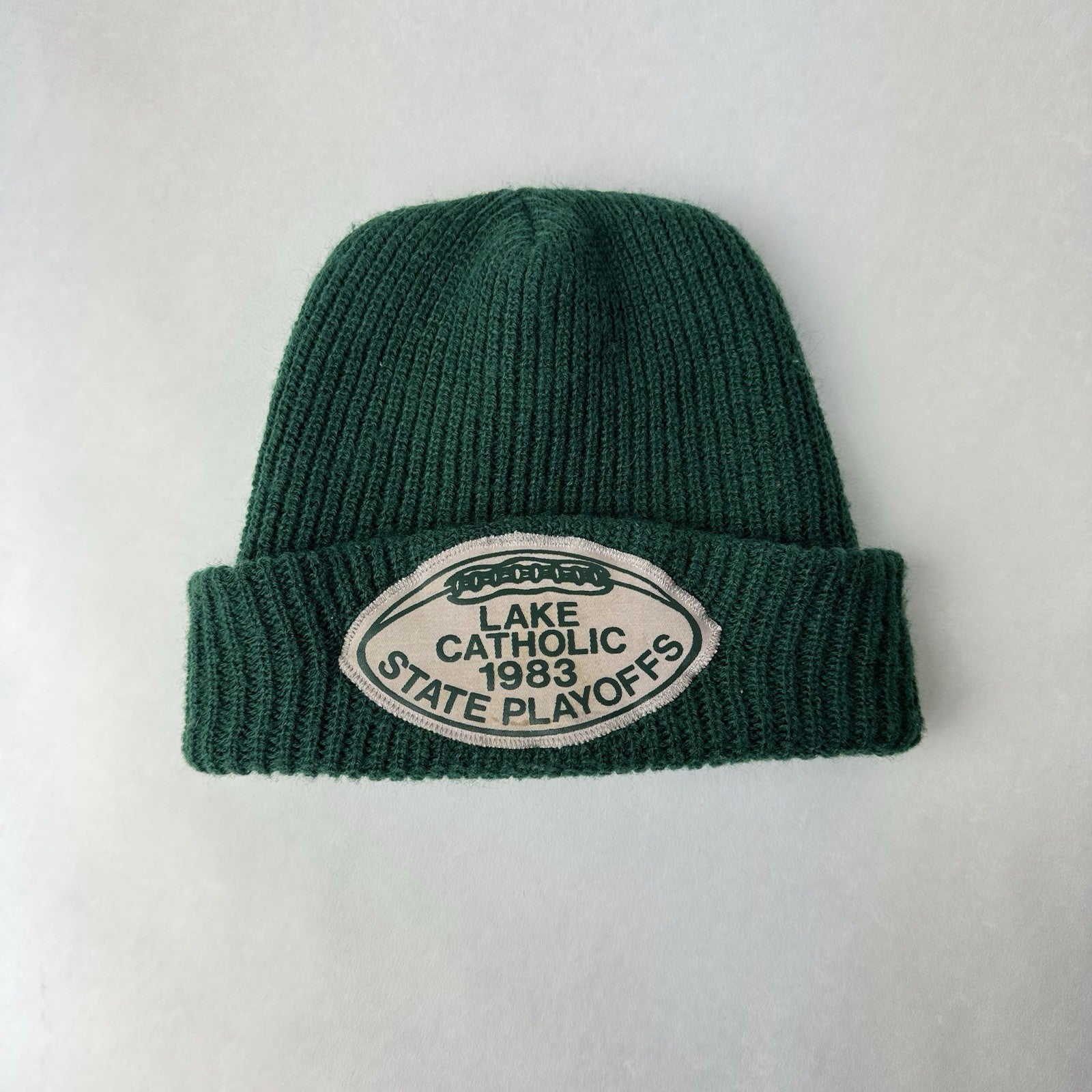 Vintage 1983 Lake Catholic Football State Playoffs Green Beanie Knit Hat 8.5”x7”
