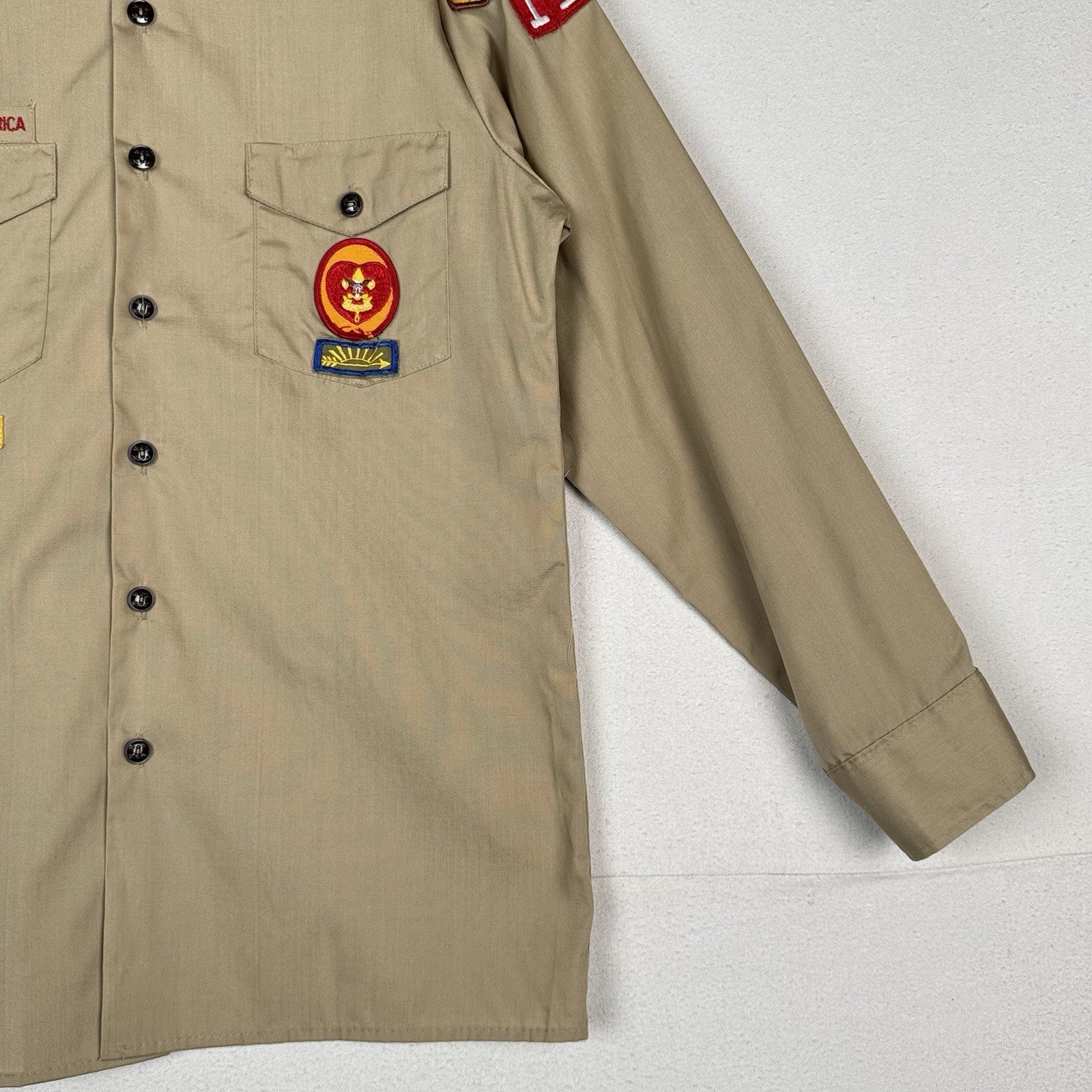 Vtg BSA Boy Scouts Uniform Shirt Men M Tan Long Sleeve Patches Made USA Buckeye