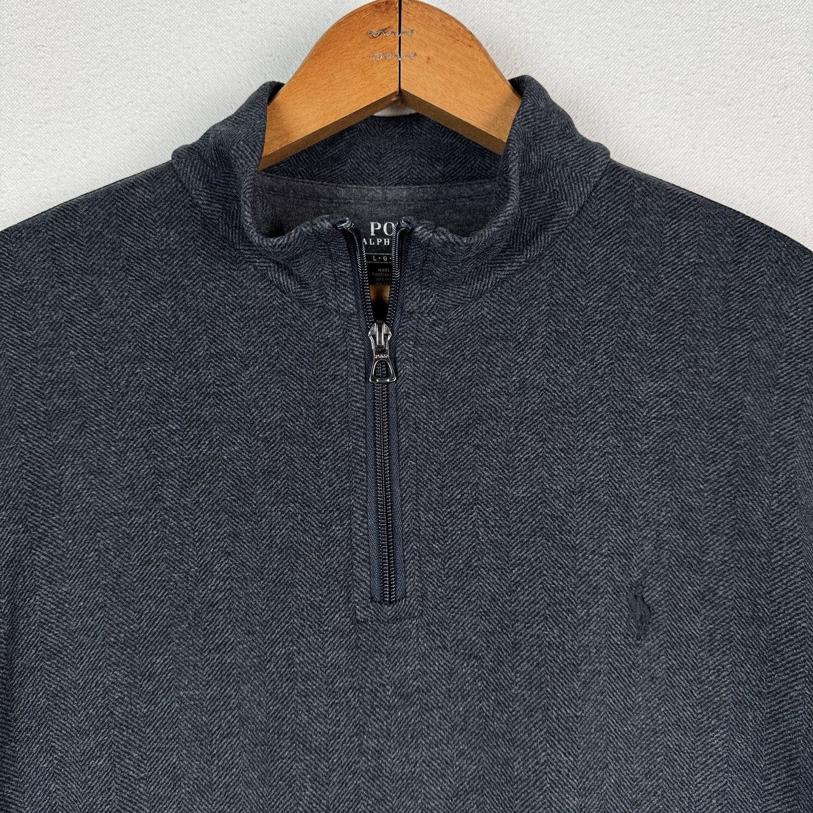 Polo Ralph Lauren 1/4 Zip Soft Sweater Mens L Black Herringbone Cotton Blend