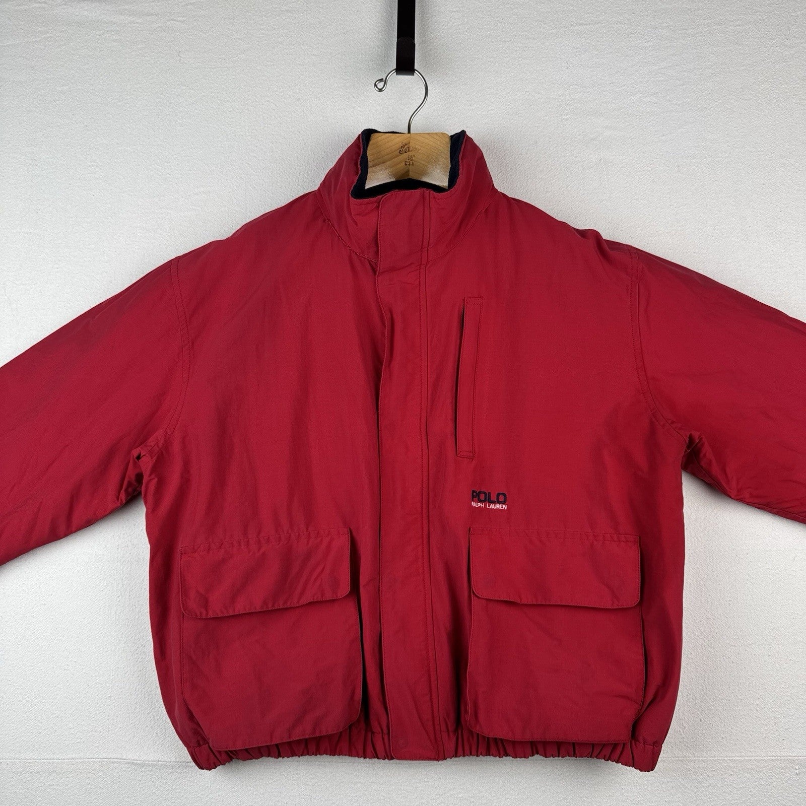 90’s Vtg Polo Ralph Lauren Jacket Men’s L Red A-2 Bomber Fleece Stowaway Hood