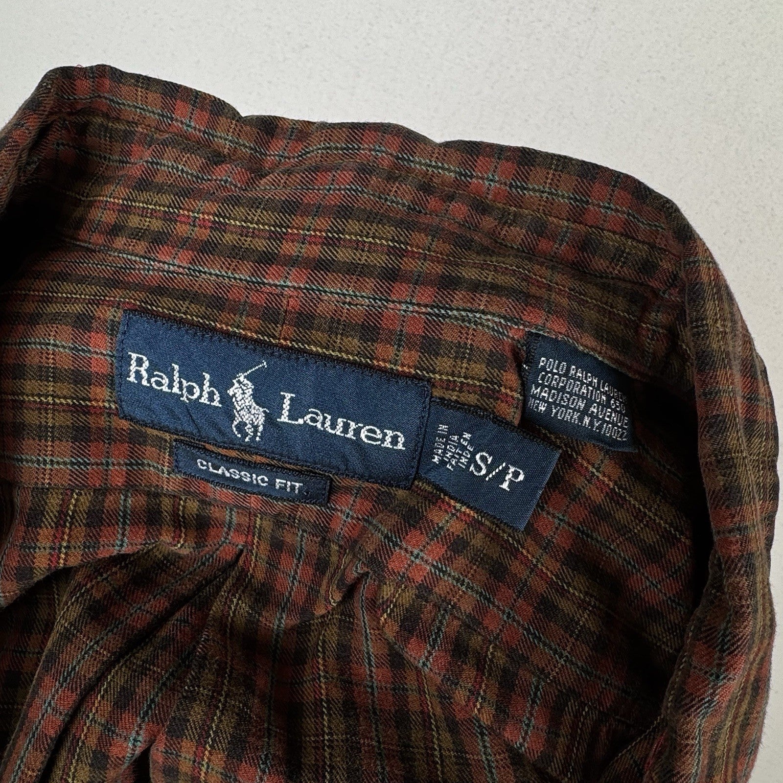 Vintage Ralph Lauren Classic Fit Mens S Plaid Check Cotton L/S Shirt Red Yellow