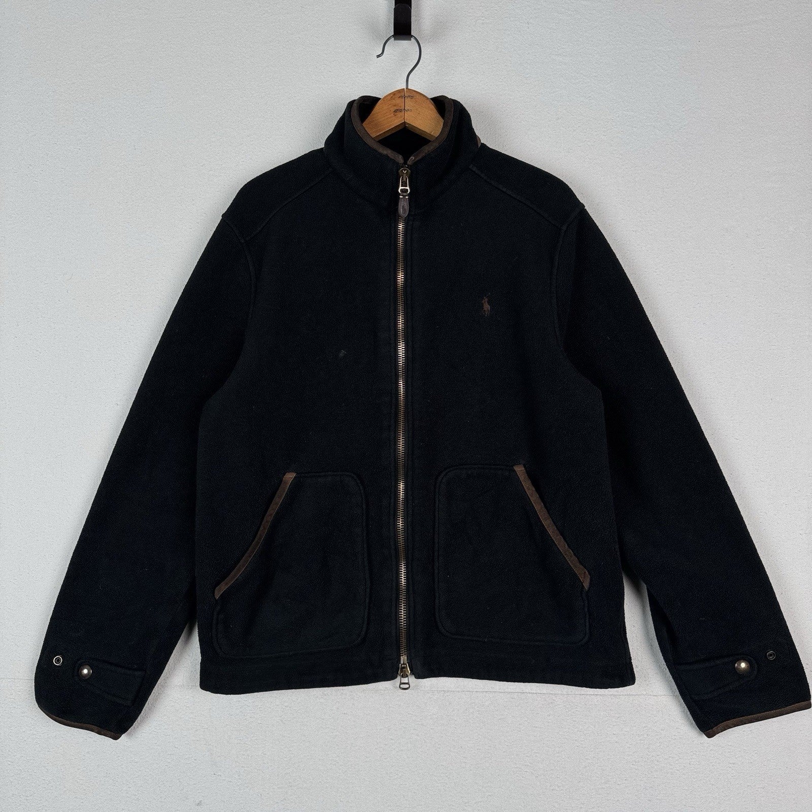 Vintage Polo Ralph Lauren Fleece Leather Trim Men’s Black L Jacket Distressed*