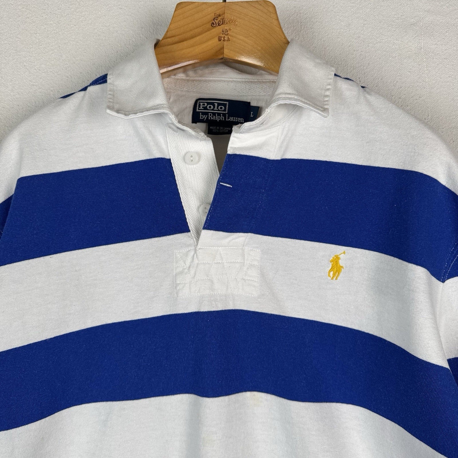 90’s Vintage Polo Ralph Lauren Rugby Shirt Mens Large Blue White Striped *Read