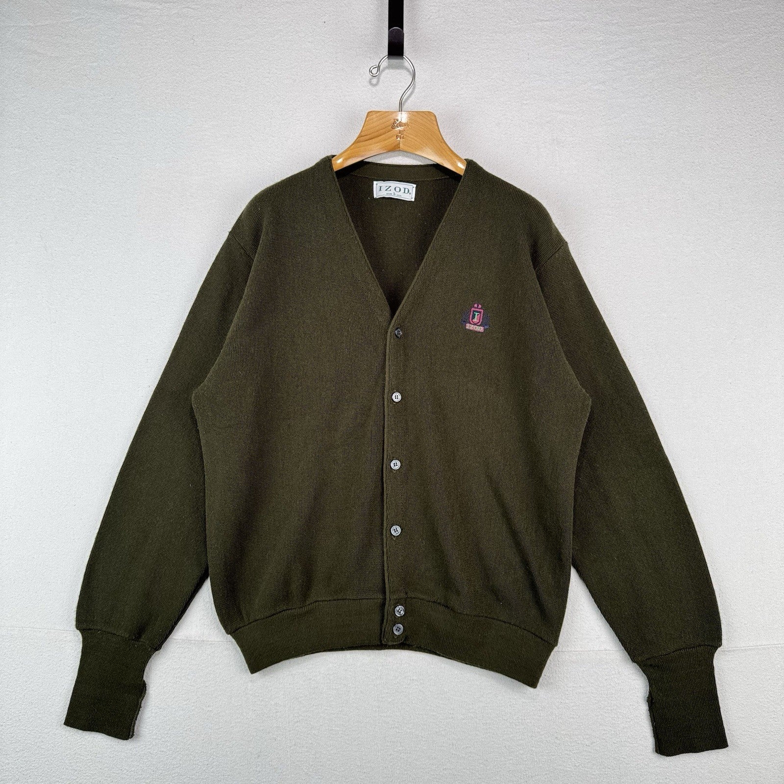 80’s Vintage Izod Cardigan Sweater Men's Large Olive Army Khaki Green Made USA