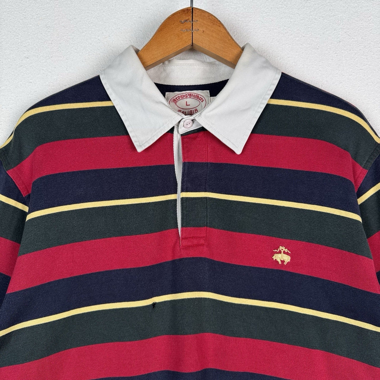Vintage 90s Brooks Brothers Polo Rugby Striped Red Blue Yellow LS *Distressed