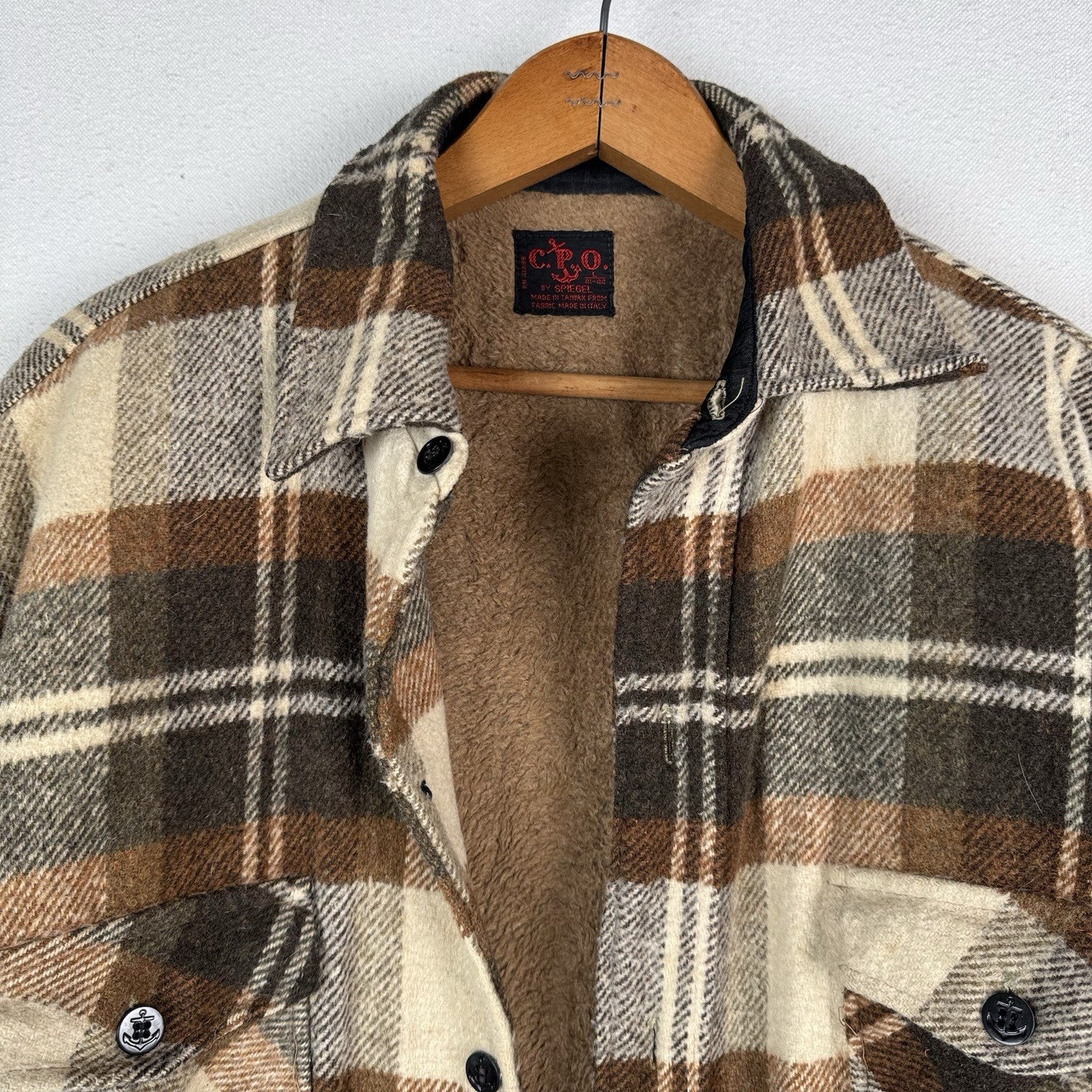 Vintage 70s CPO by Spiegel Mens Large Wool Blend Plaid Jacket Shacket Brown