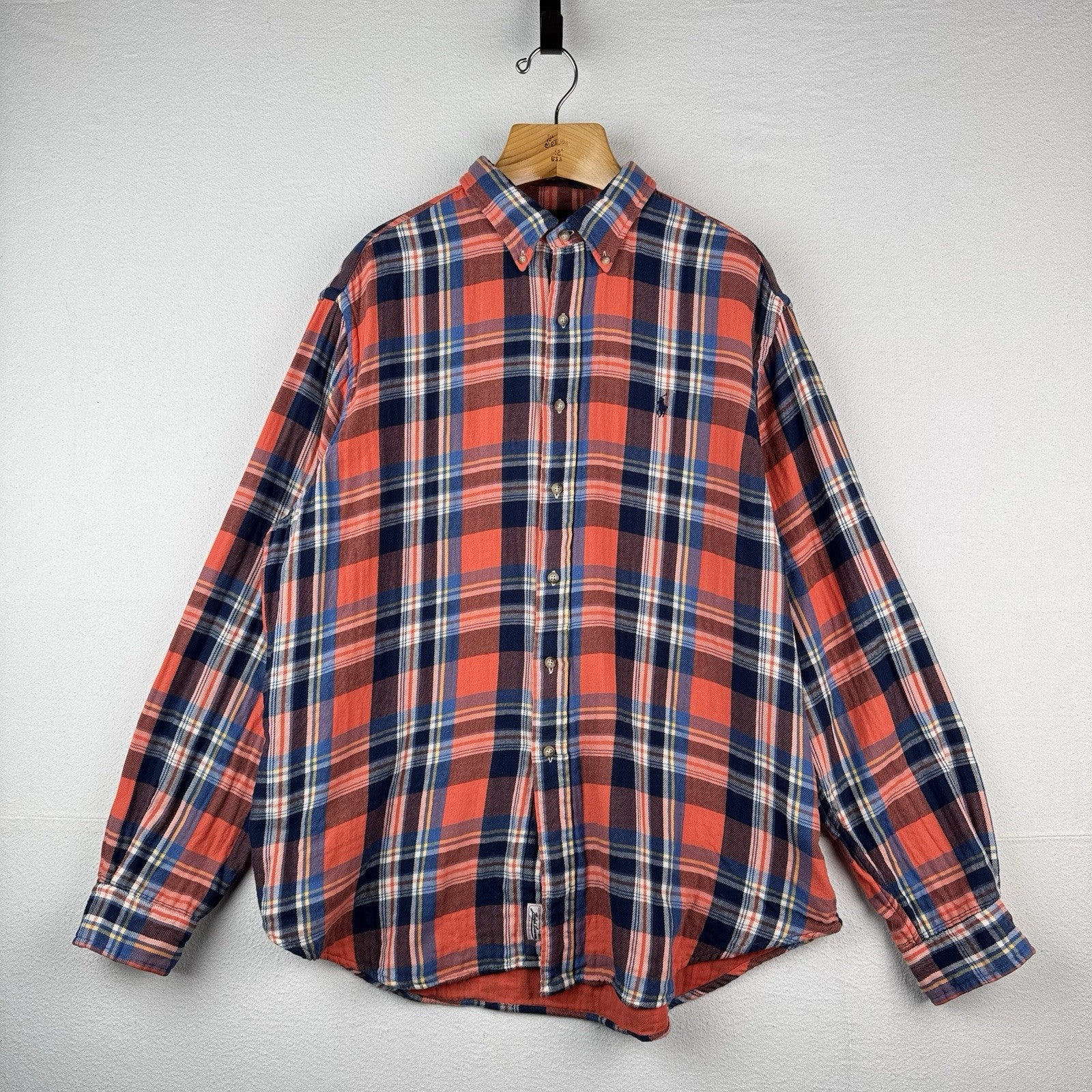 Vtg Polo Ralph Lauren Men's 2XL Plaid Lined Flannel Shirt Orange Double Layer