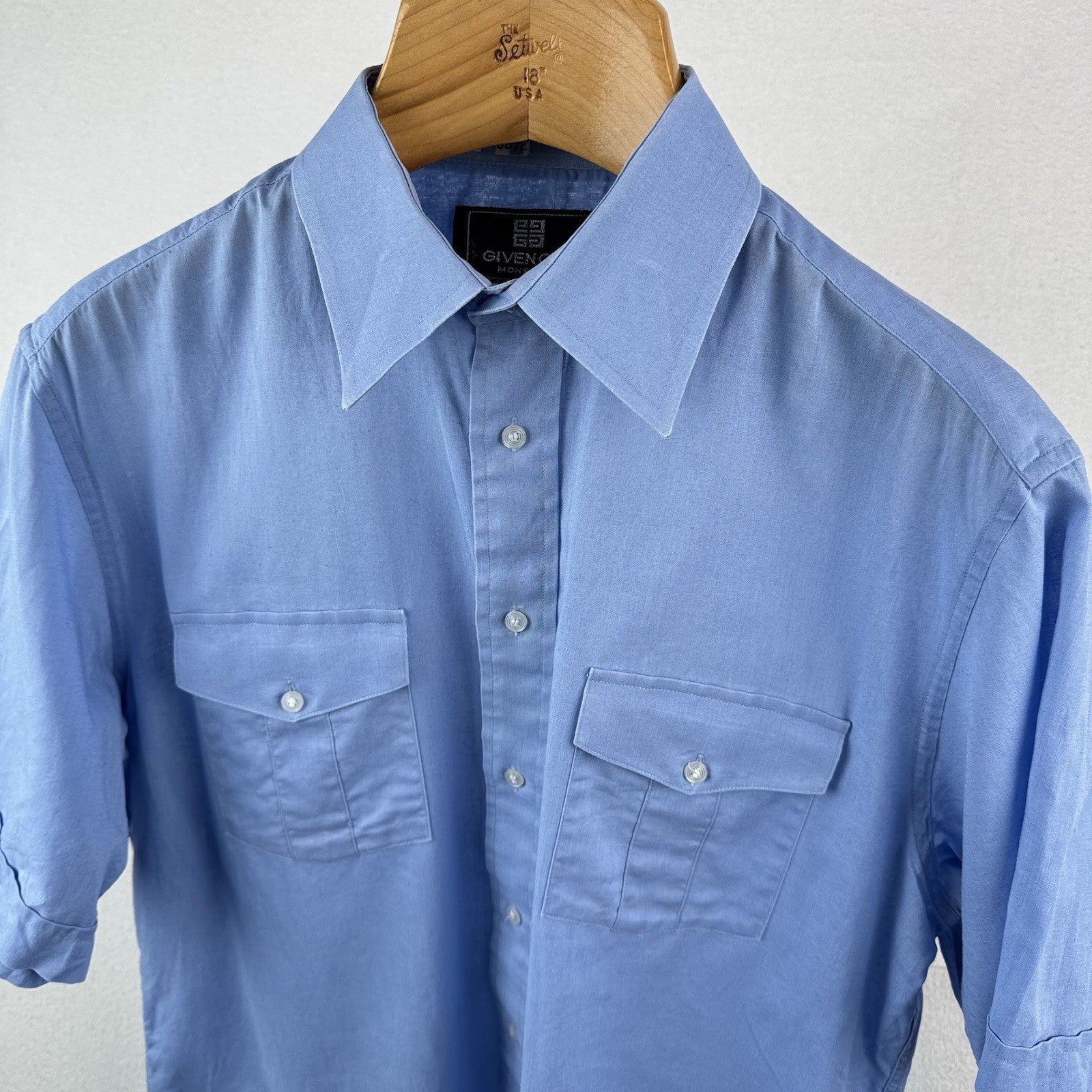 80’s Vtg Givenchy Monsieur Linen Blend Shirt Men's L Short Sleeve Button Up Blue
